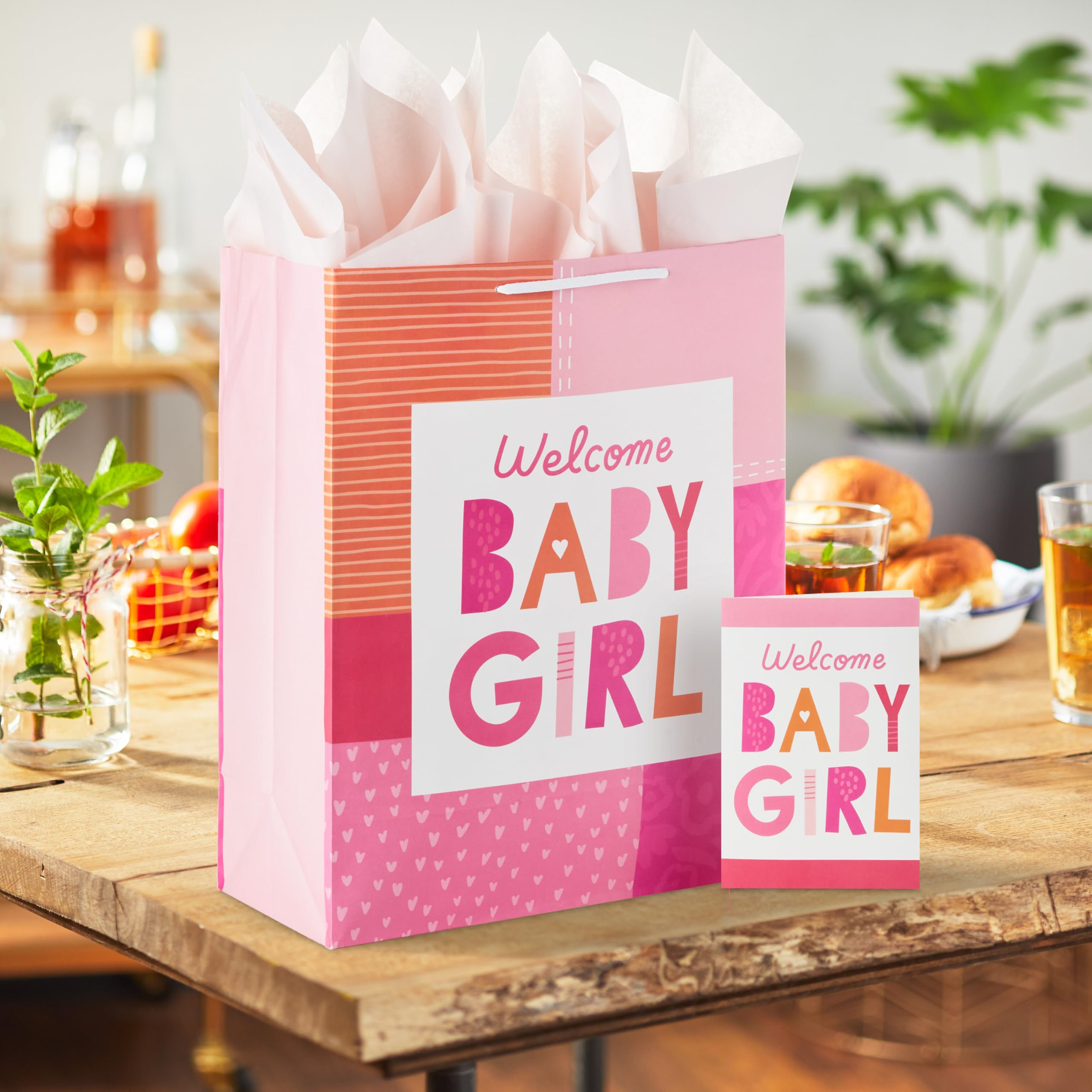 Hallmark 15" Extra Large Gift Bag with Card and Tissue Paper for Baby Shower (Welcome Baby Girl, Pink and Orange) for New Parents, Coworkers, Sister