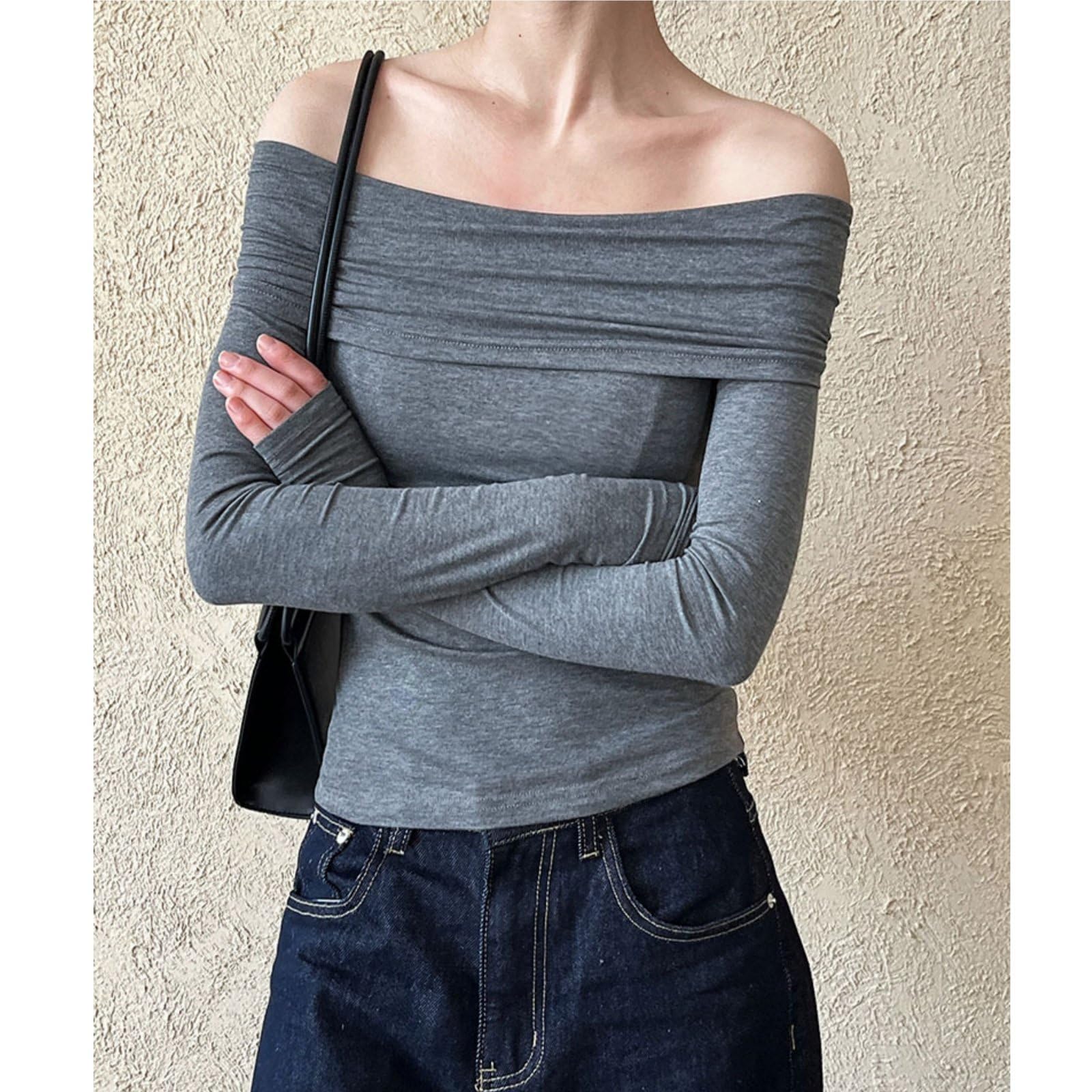 Damskie Seksowne Koszule Z DłUgim RęKawem Z Odkrytymi Ramionami Eleganckie Bluzki Slim Fit Stretch Going Out Tops,Gray,L