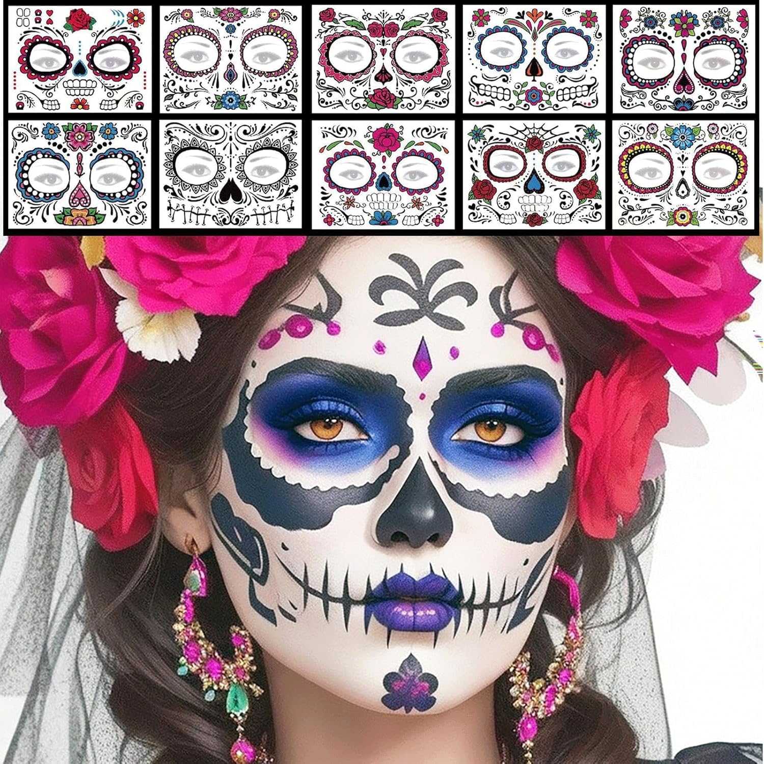 Tatuaże na twarz z motywem "Dzień Zmarłych", 10 sztuk – tymczasowe tatuaże z czaszką, wodoodporne róże na Halloween, karnawał, Dia de los Muertos – dla kobiet, mężczyzn, dzieci (wielokolorowe