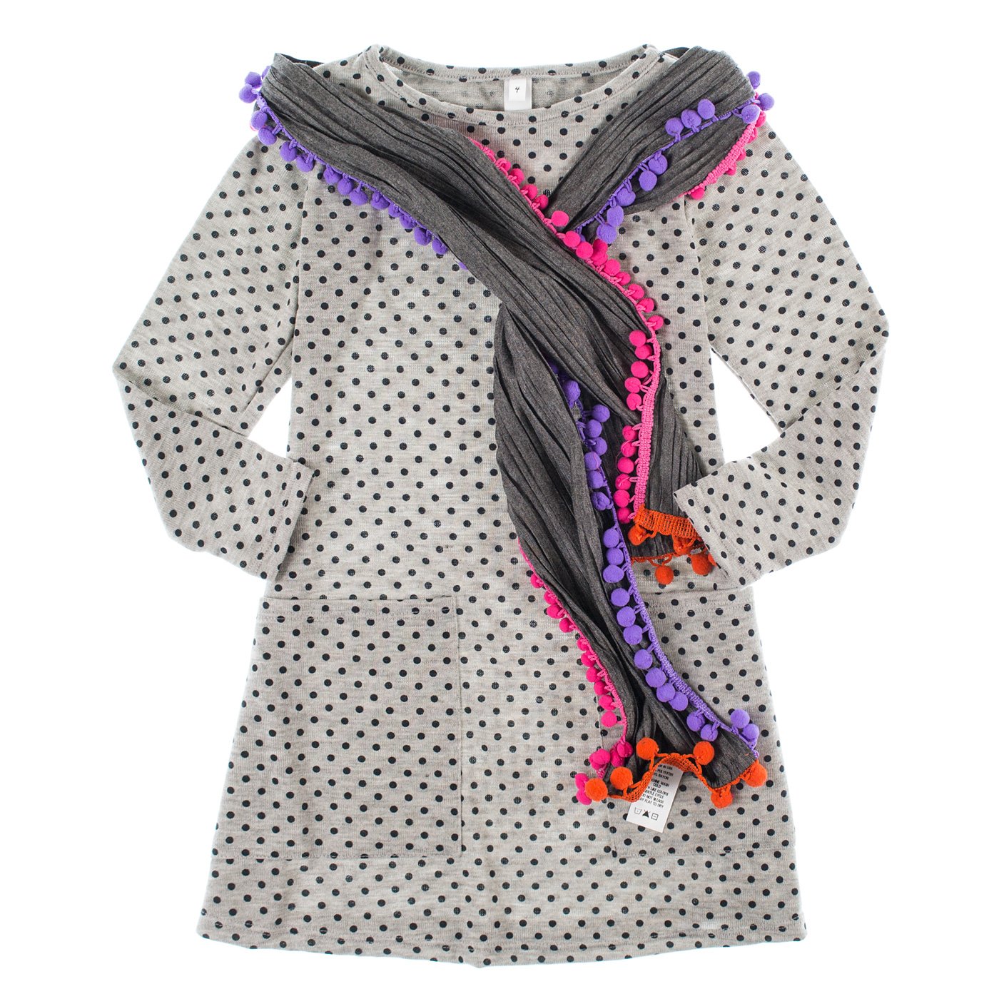 Girls 2-6X 2 Piece Polka Dot Sweater Dress & Pom-Pom Scarf Set