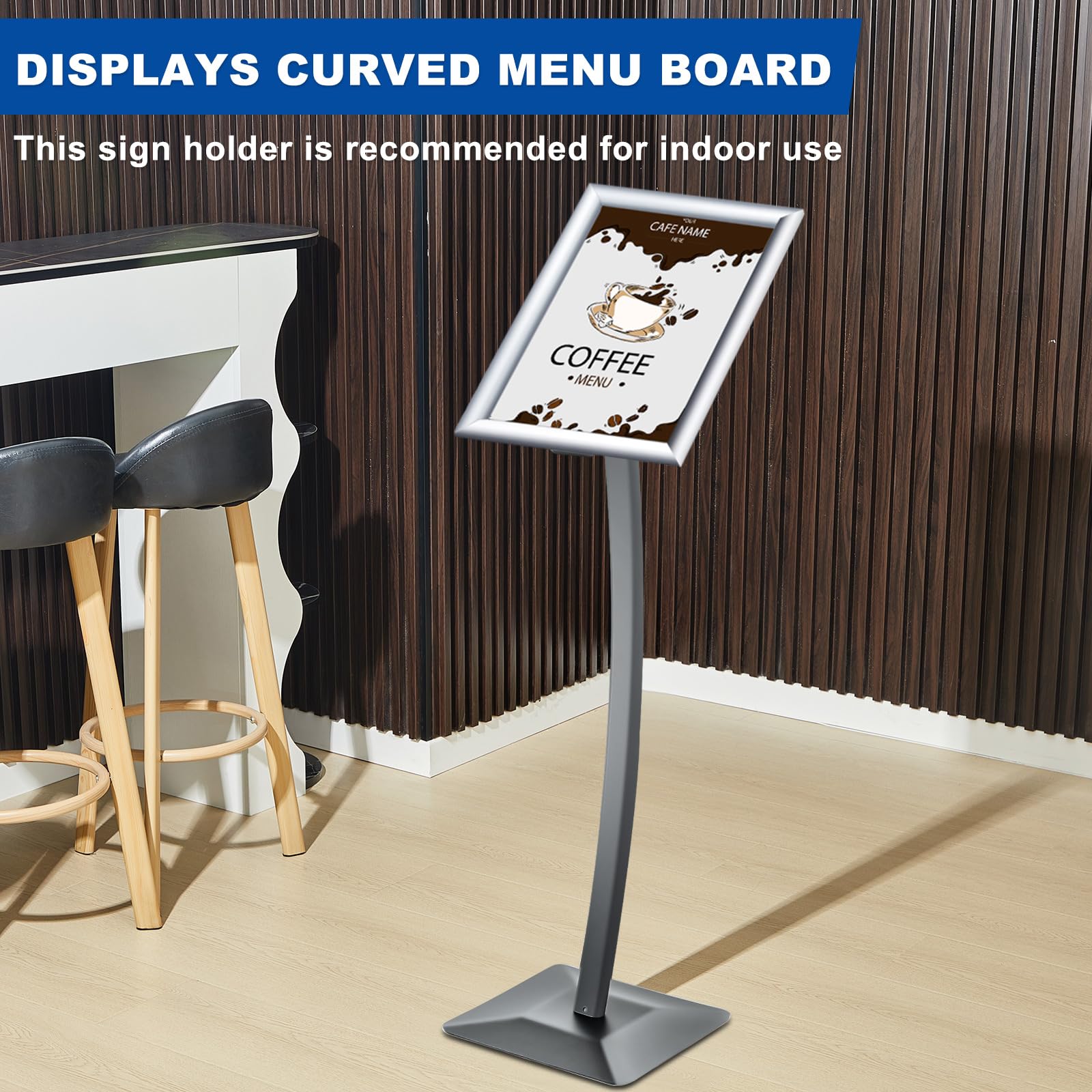 Yaocom Tablón curvo para menú, resistente, soporte para letreros de pie, aleación de aluminio, carga frontal, fácil de abrir, póster para mensajes, restaurante, cafetería, hotel (plata, 11.02 x 17.01
