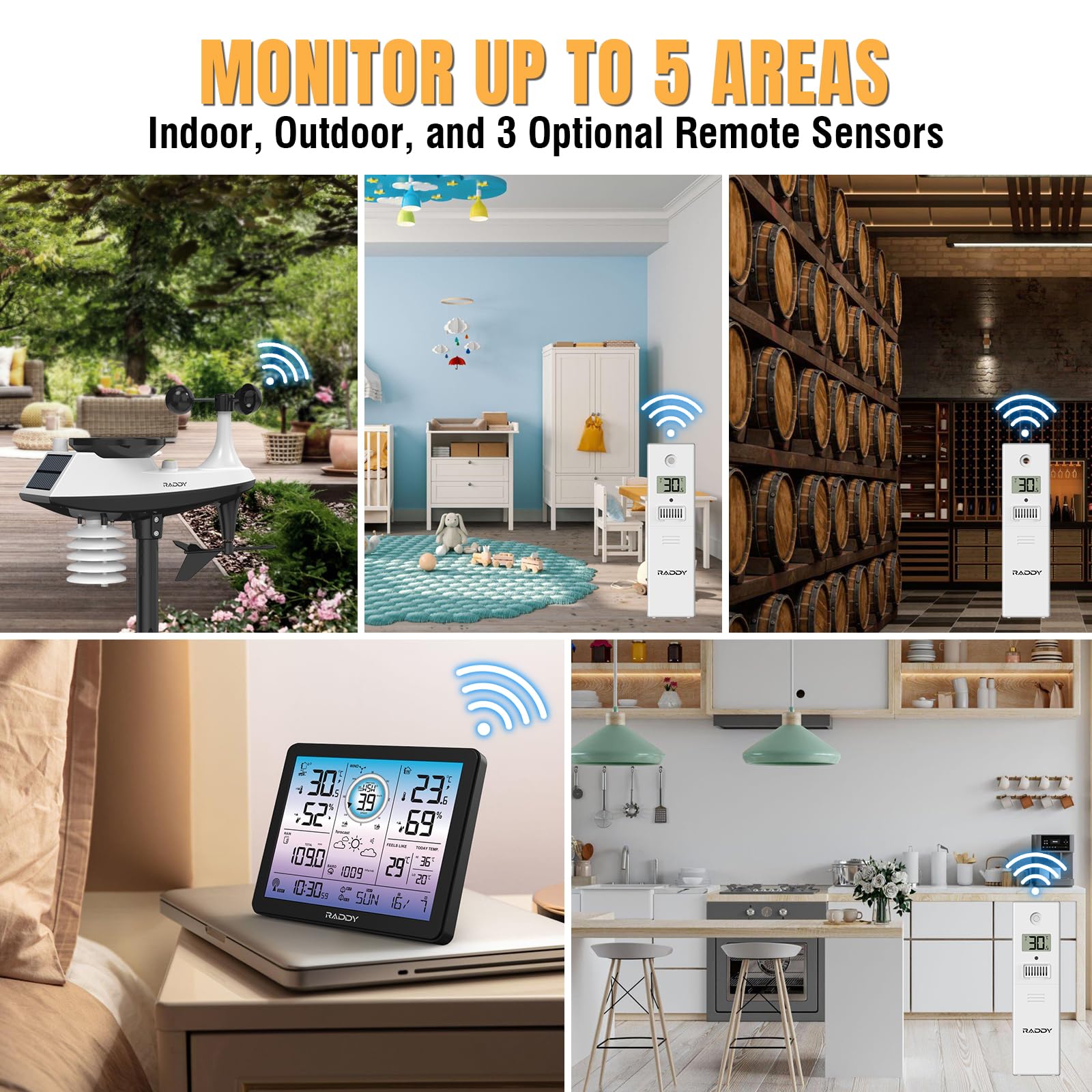 Raddy VP7 Stazione meteorologica, Termometro wireless per interni ed esterni, 7,4'' display digitale a colori, Monitor di temperatura e umidità, Previsioni del tempo & Pressione barometrica