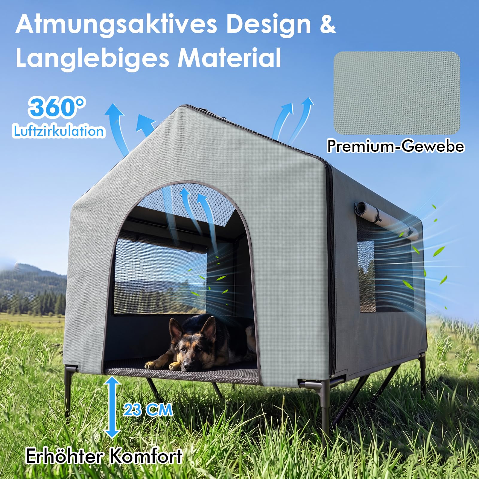 XIAPIA Hundeliege Outdoor mit Dach, 100x100cm Erhöhtes Hundebett für Große Hunde, Wasserdichtes Hundehaus mit UV-Schutz 50+ & Rollos, Kratzfestes Outdoor Hundezelt für Garten & Camping