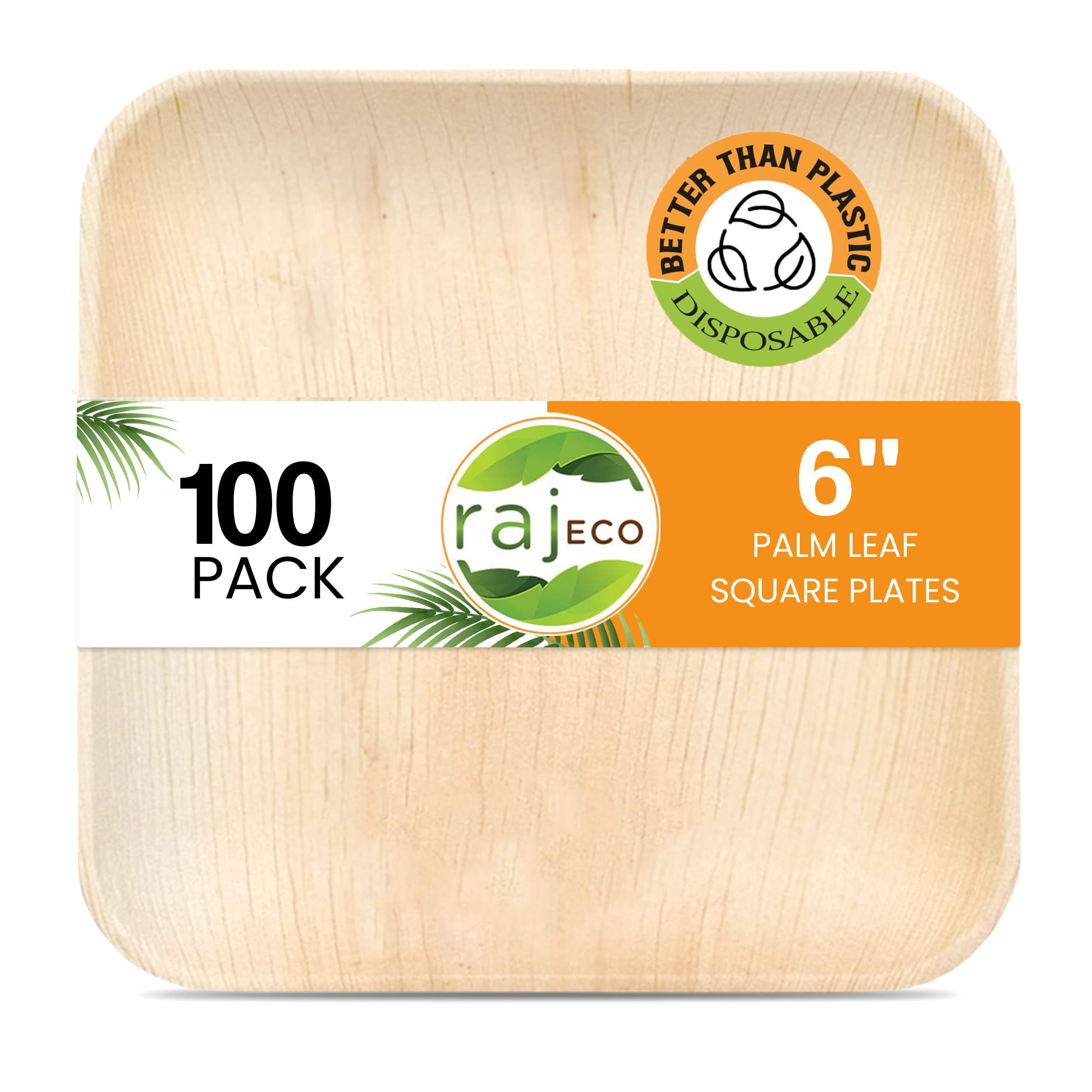 Raj Palm Leaf Plates [100-Pack] 6" Square Plates like Bamboo plates Disposable, Strong, Decorative Compostable Tableware for wedding, Lunch, Dinner, Birthday, Camping, Outdoor BBQ, Picnic