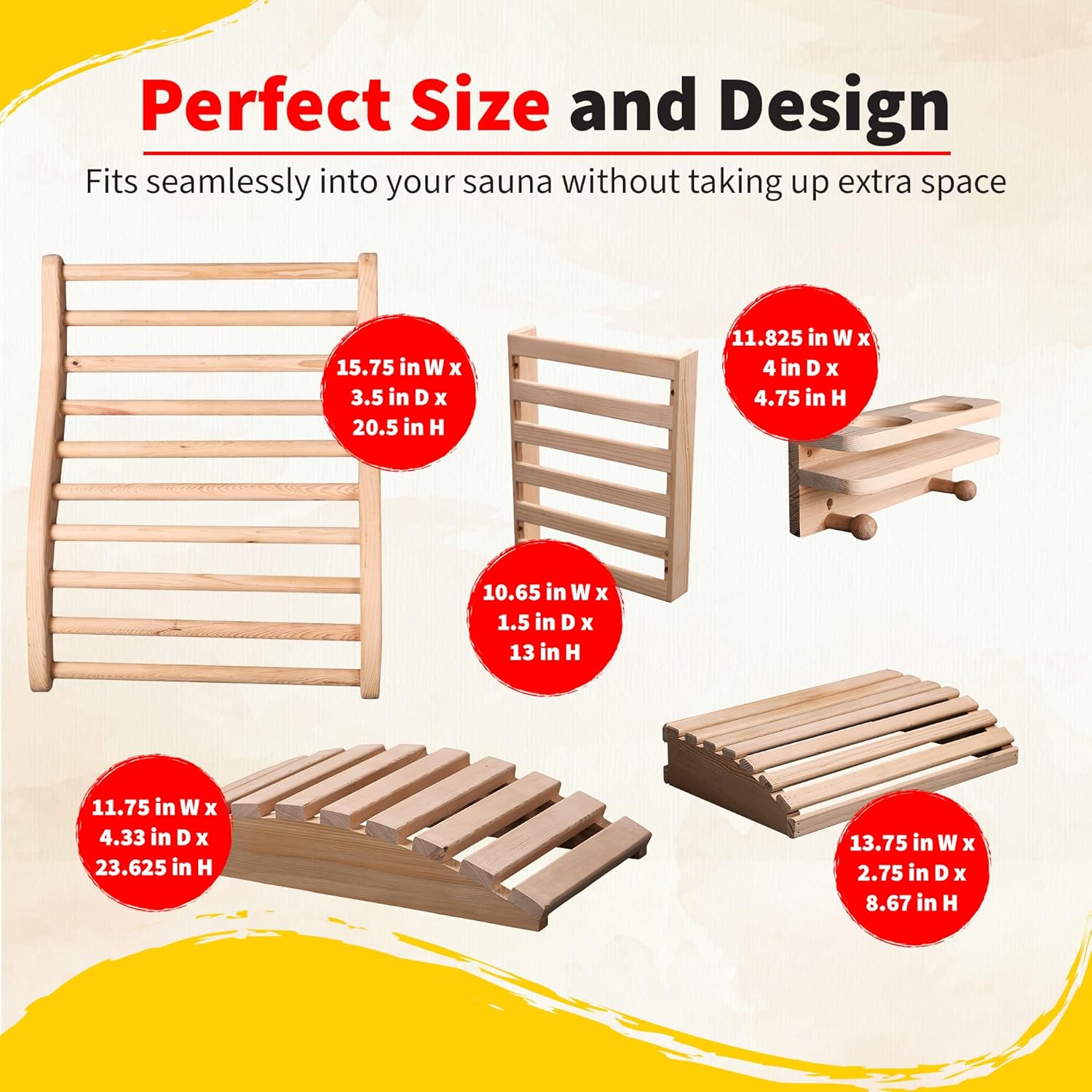 Radiant Saunas Heatwave Deluxe Infrared Wood Sauna Accessories Kit – Includes Sauna Backrest, Headrest, Leg Rest, Magazine Rack, & Drink/Robe/Towel Holder – Durable Hemlock Wood Sauna