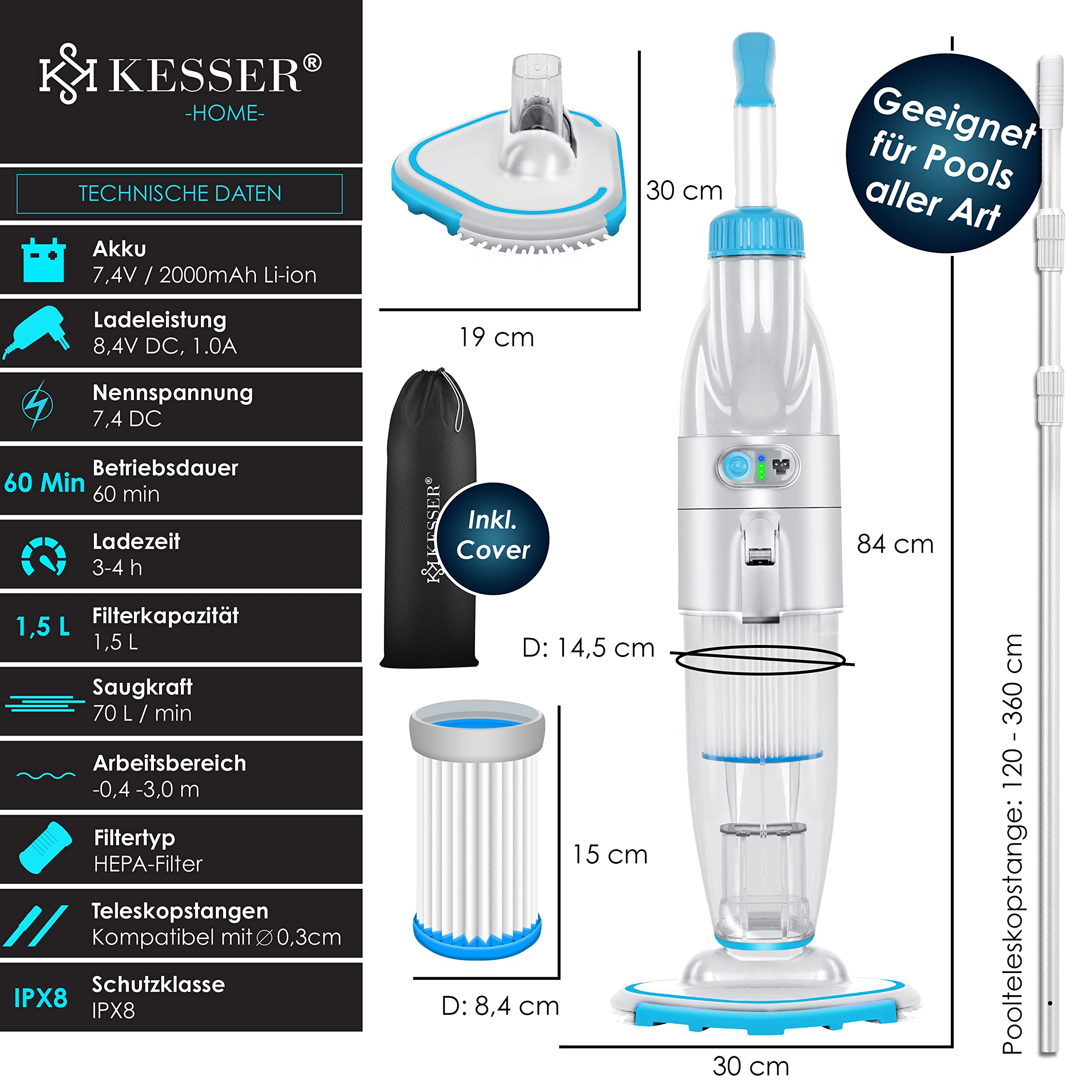 KESSER® Vacuum Cleaner per Piscina con Batteria Ricaricabile + Copertura | Vacuum Cleaner Elettrico per Piscina Manuale | con Filtro e Sistema a 2 velocità |Senza Cavi 15 m³, Fino a 15 m³,