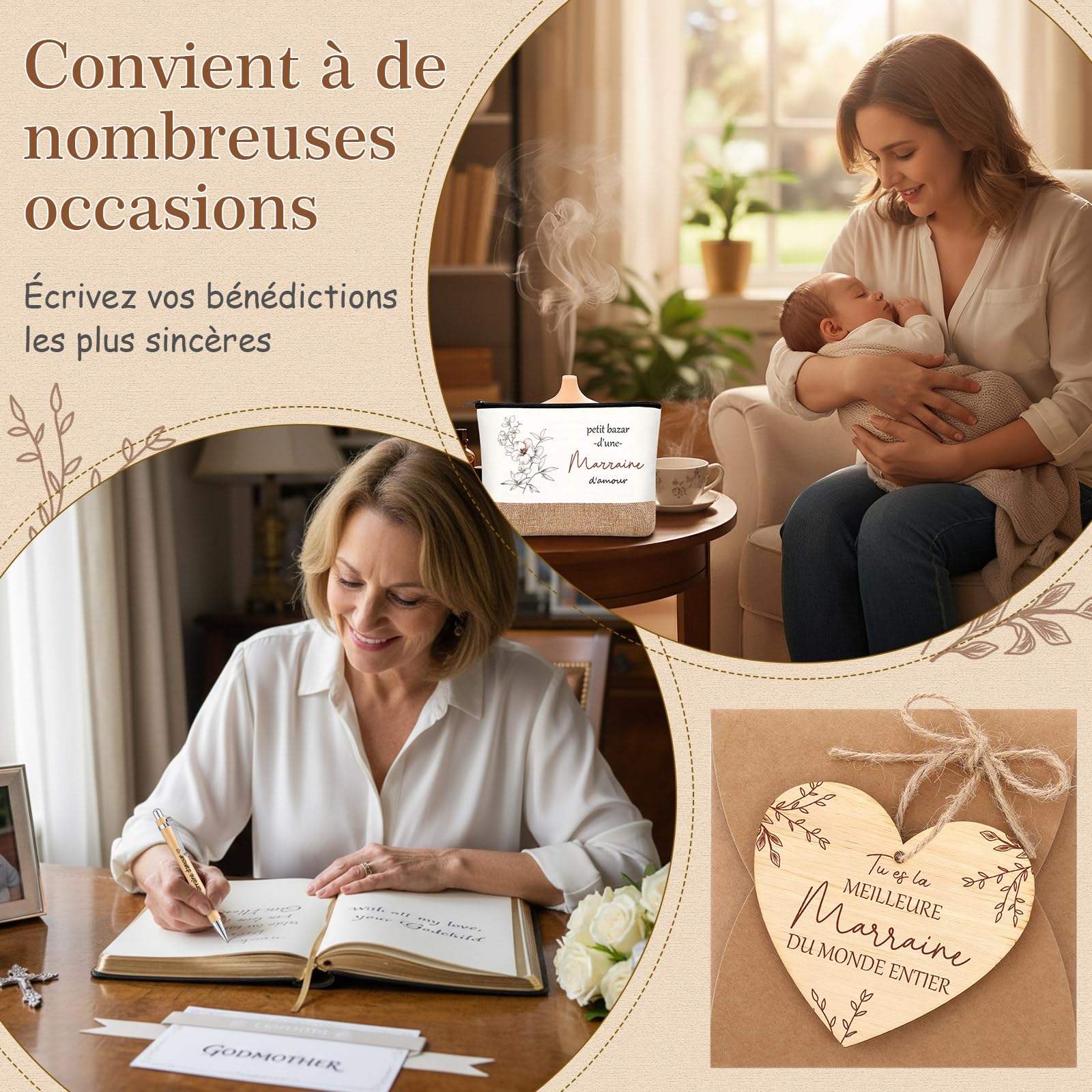 Tenare 6 Pièces Cadeaux pour Marraine Trousse de Maquillage Porte-Clés Stylo à Bille en Bois Plaque en Bois de Cœur avec Ficelle Enveloppe Cadeau Marraine pour Noël Anniversaire Baptême Communion