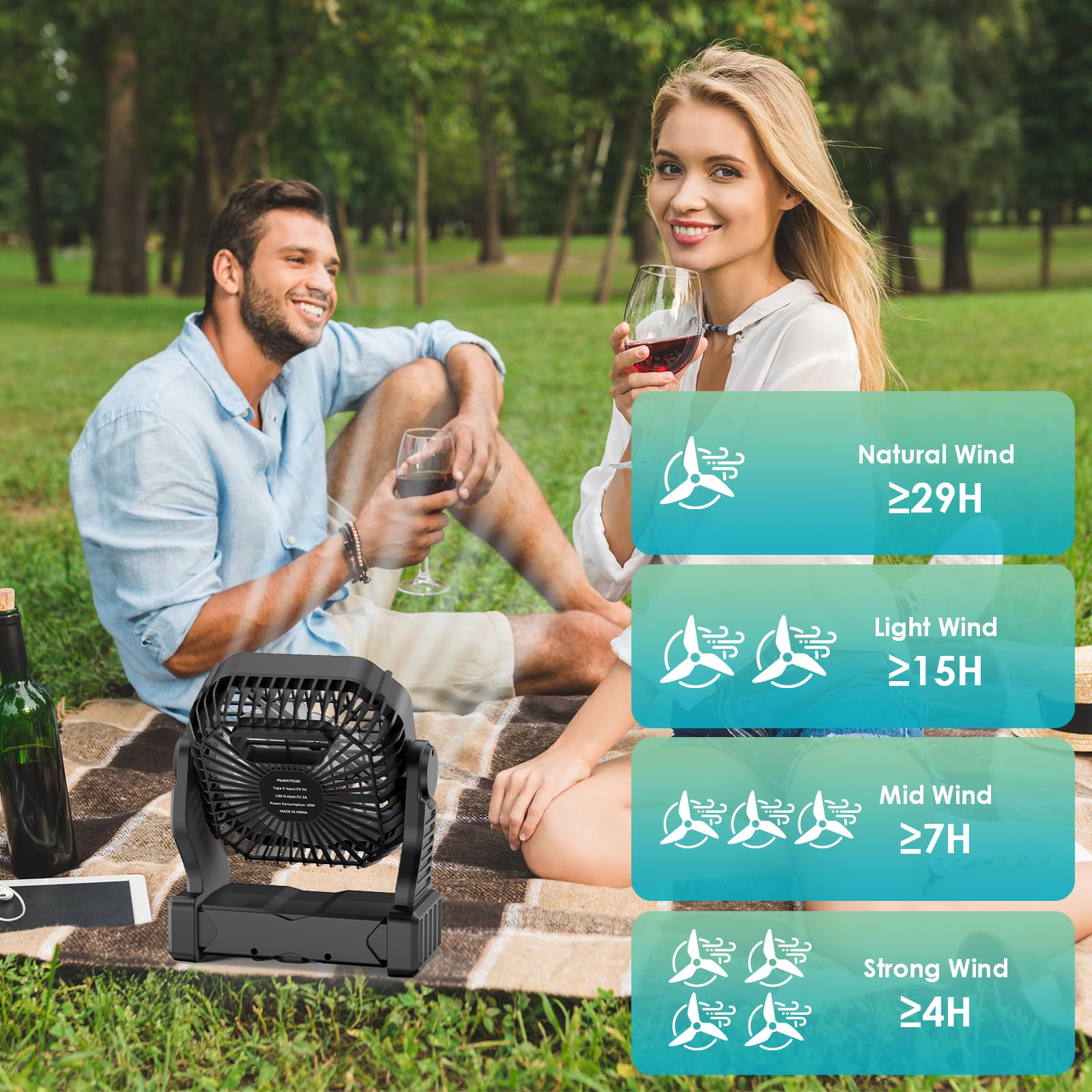 Ventilateur Camping Portable 8000mAh 3en1 - Tente Avec Lumière LED, 4 Vitesses, Crochet 360°