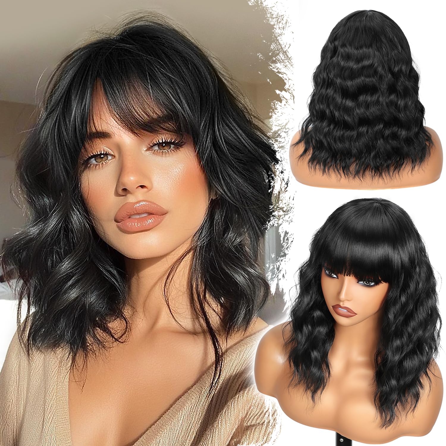 Amazon.com : Aiivna Black Bob Wig with Bangs Short Wavy Hair 