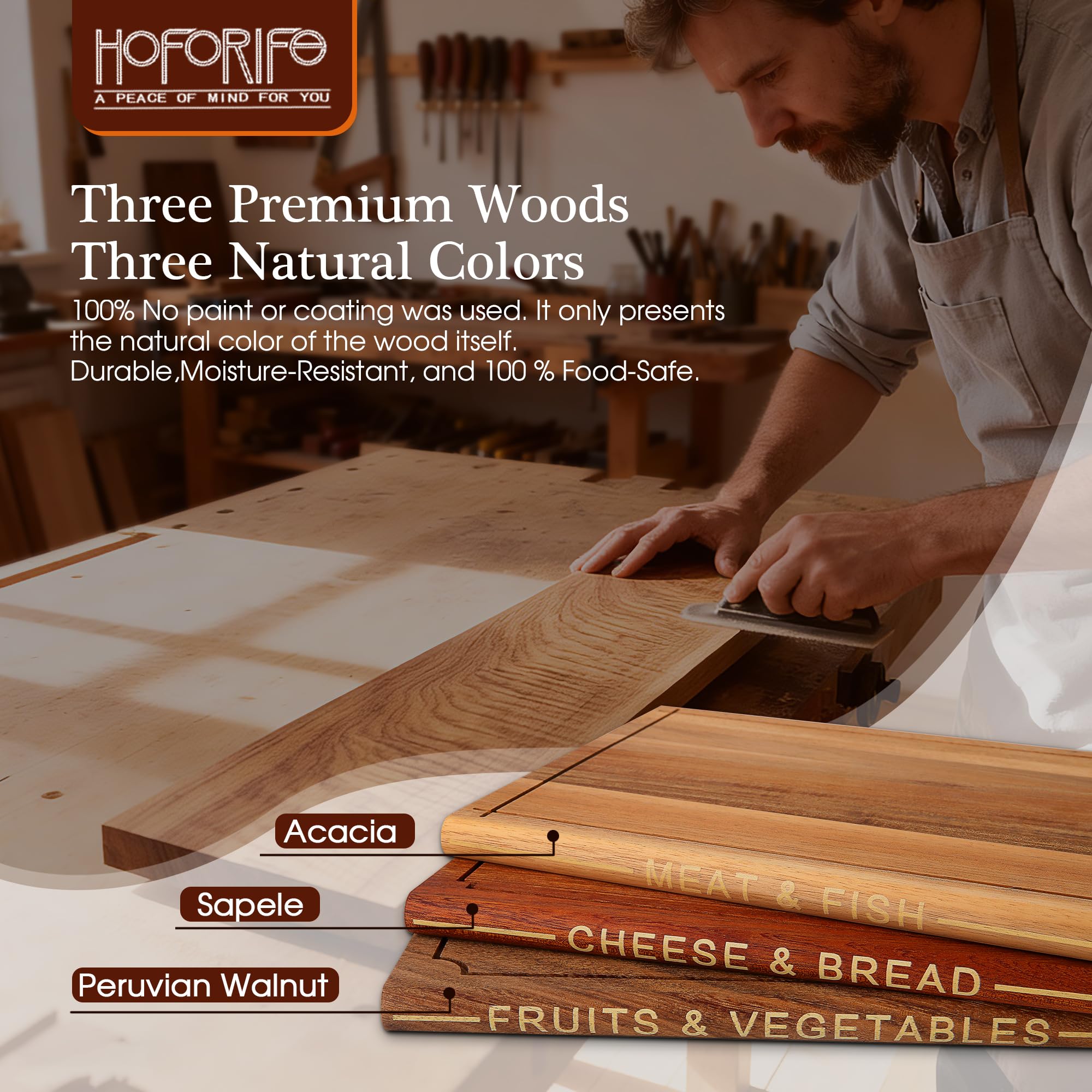 Set de 3 planches à découper en bois en forme de livres Acacia, Sapelli & Noyer du Pérou Planches décoratives et fonctionnelles avec support (Bois et marron)