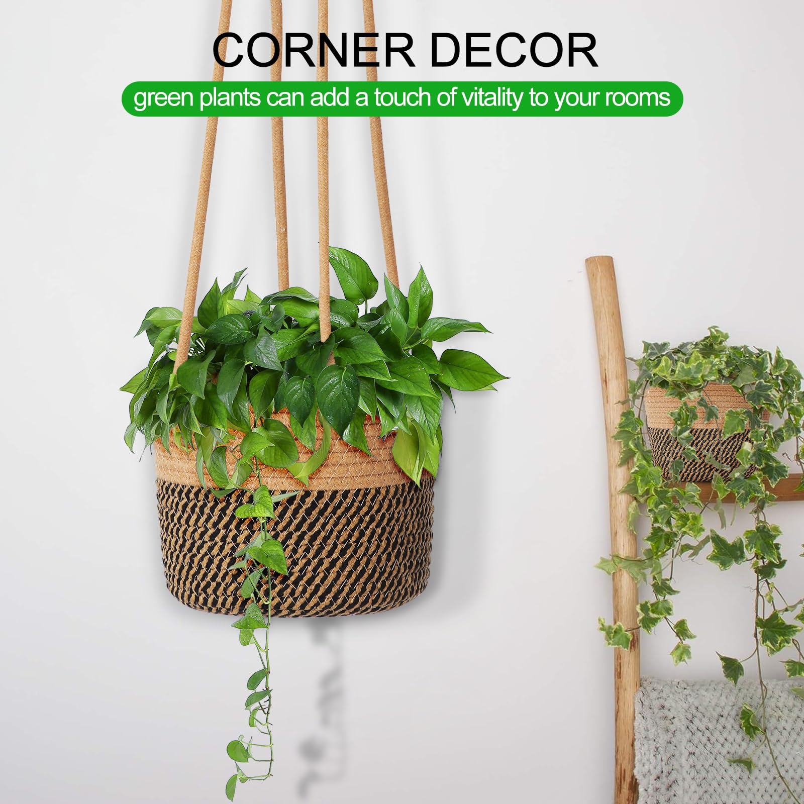 Paquete de 2 macetas colgantes de yute para plantas de ganchillo para interiores y exteriores, para decoración del hogar, macetas para hierbas, helechos, hiedra