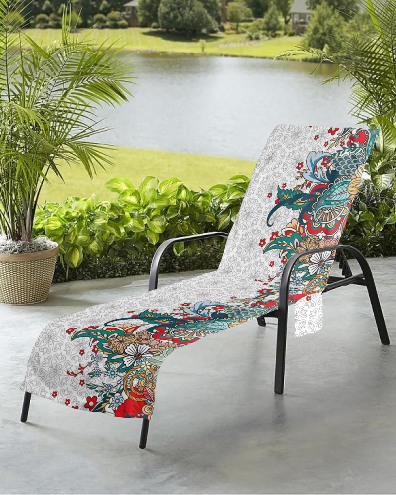 Colorful Boho Floral Beach Chair Towel Covers for Chaise Lounge with Side Pocket, Soft Plush Pool Towels Cover for Patio Sunbathing Outdoor 29''x85'' Boho Spring Garden Herbs Plant Leaves