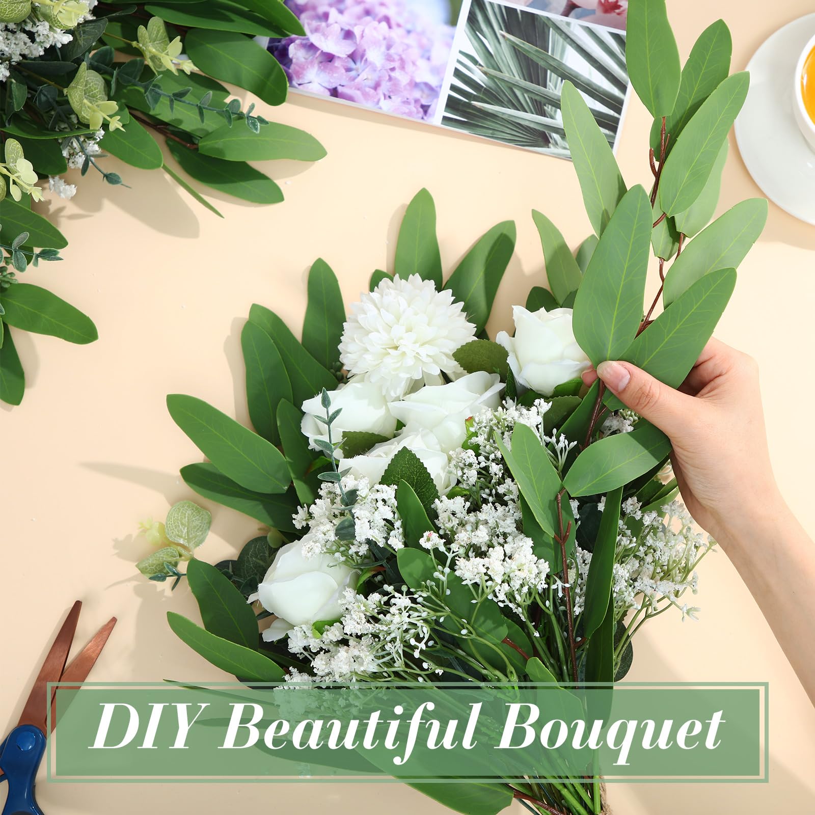Yunlly Künstliche Blumen mit gemischten künstlichen Eukalyptusstielen, Blätter-Set, 60 Stück, Schleierkraut, 40 Stück Eukalyptusblätter für Hochzeitssträuße, Gründekoration, 100 Stück