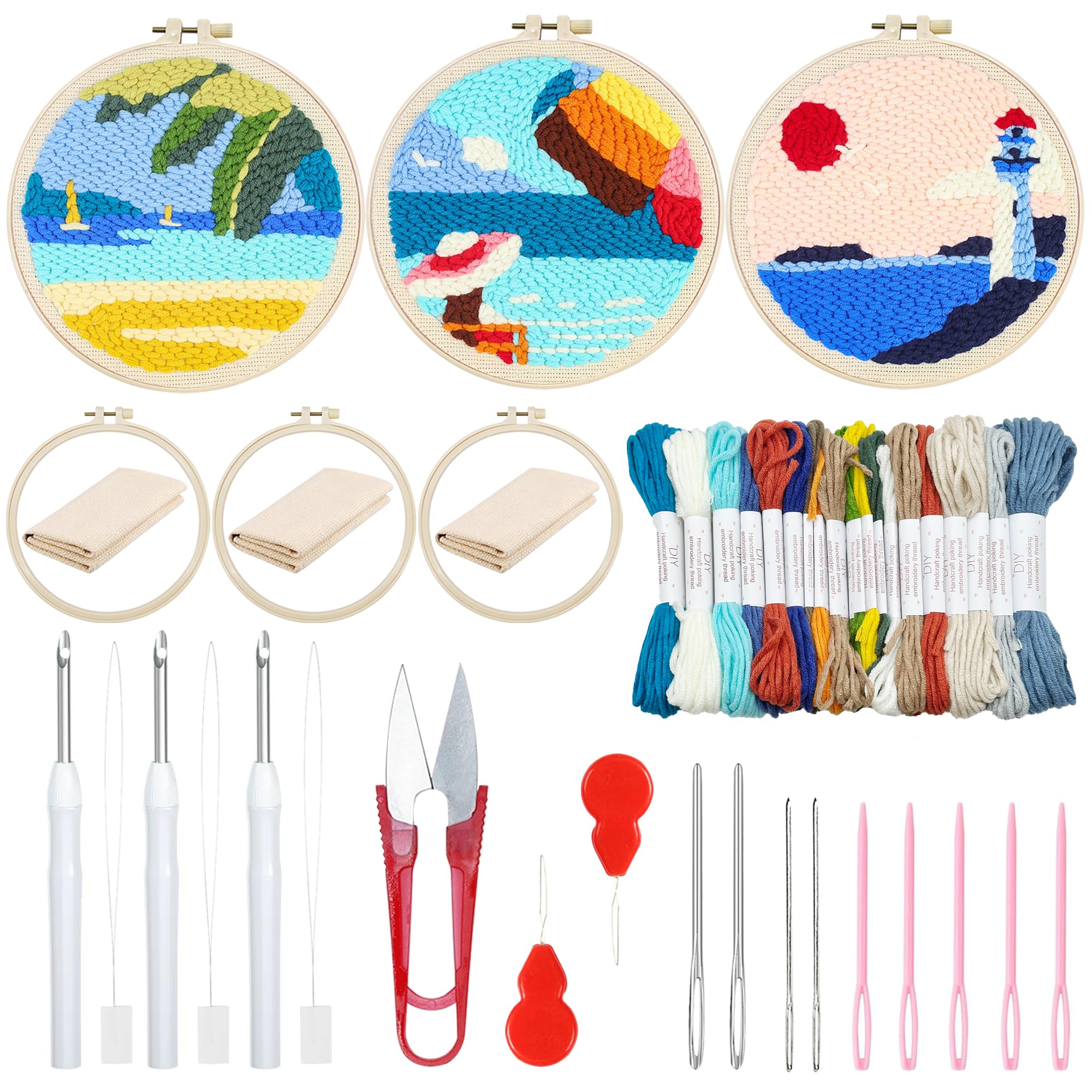 Attuslla 3 Set Punch Needle Embroidery Starter Kits, Punch Needle Cloth with Pattern, Plastic Hoop, Yarn, Needle Pen and Instruction for Beginner (Lighthouses, Sailboats, Blue Sky)