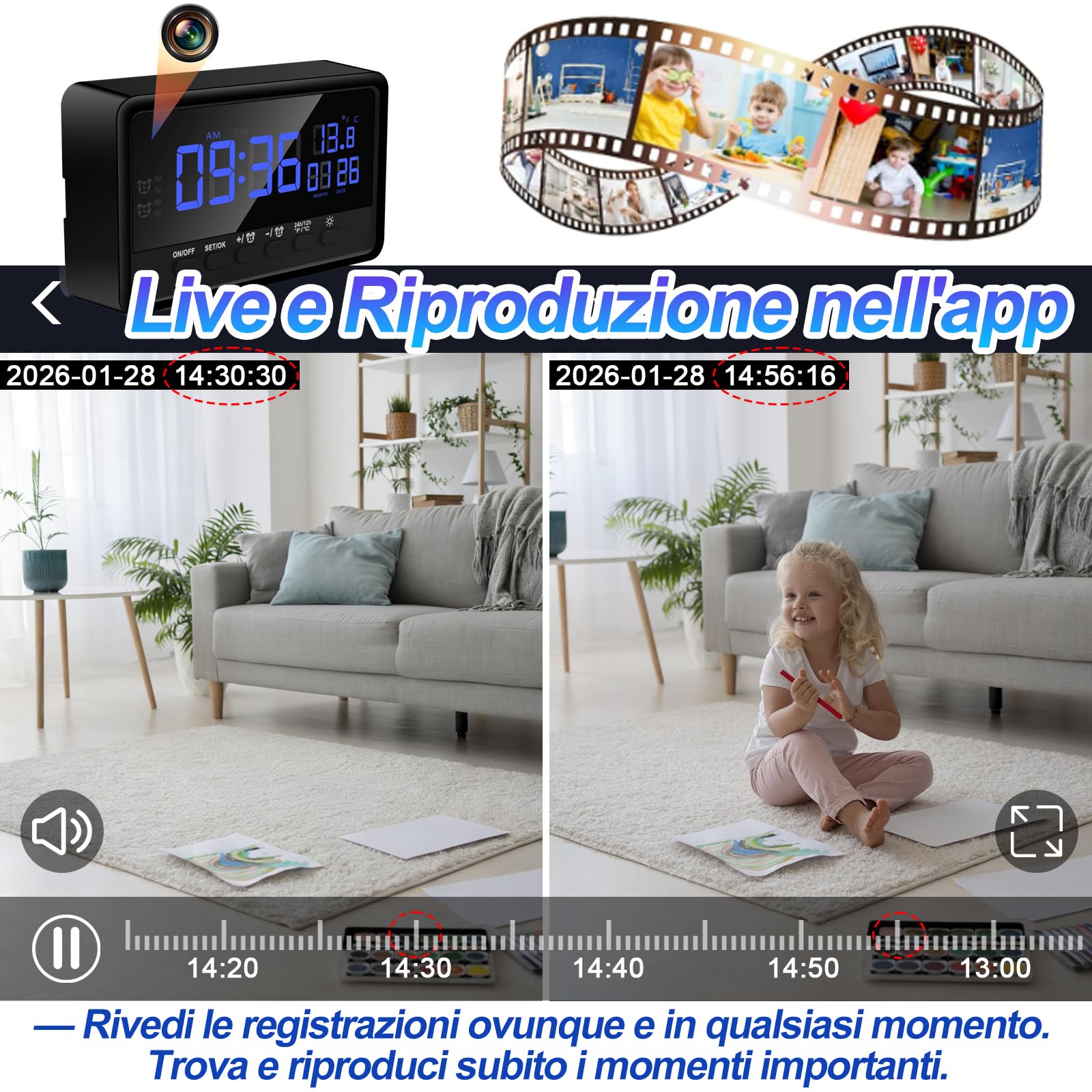 Mini Telecamera Spia Nascosta WiFi, 1080P, Visione Notturna | Dual-band 2.4/5 GHz, grandangolo 120°, rilevamento movimento, sveglia 2 in 1, luminosità, microSD 128 GB, invisibile