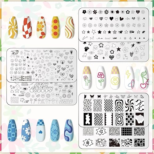 Miniatura 3 de Whaline Juego de 6 placas de uñas preppy, diseño de corazón, flor, mariposa, estrella, sonriente, placas de arte de uñas para bricolaje, diseño de