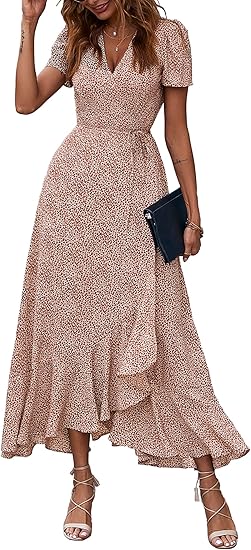 PRETTYGARDEN Women's Summer Maxi Dress Casual Wrap Floral Boho Short Sleeve V Neck Split Ruffle Beach Long Dresses