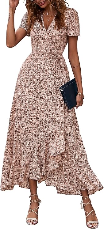 PRETTYGARDEN Women's Summer Maxi Dress Casual Wrap Floral Boho Short Sleeve V Neck Split Ruffle Beach Long Dresses