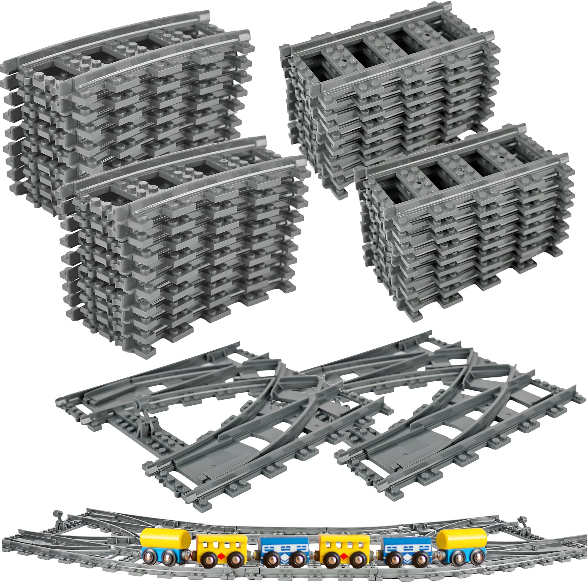 62 Pcs Classic City Train Tracks Set Include 36 Pcs Curved Train Track 2 Pcs Switch Train Tracks 24 Pcs Straight Train Track Compatible with Building Blocks