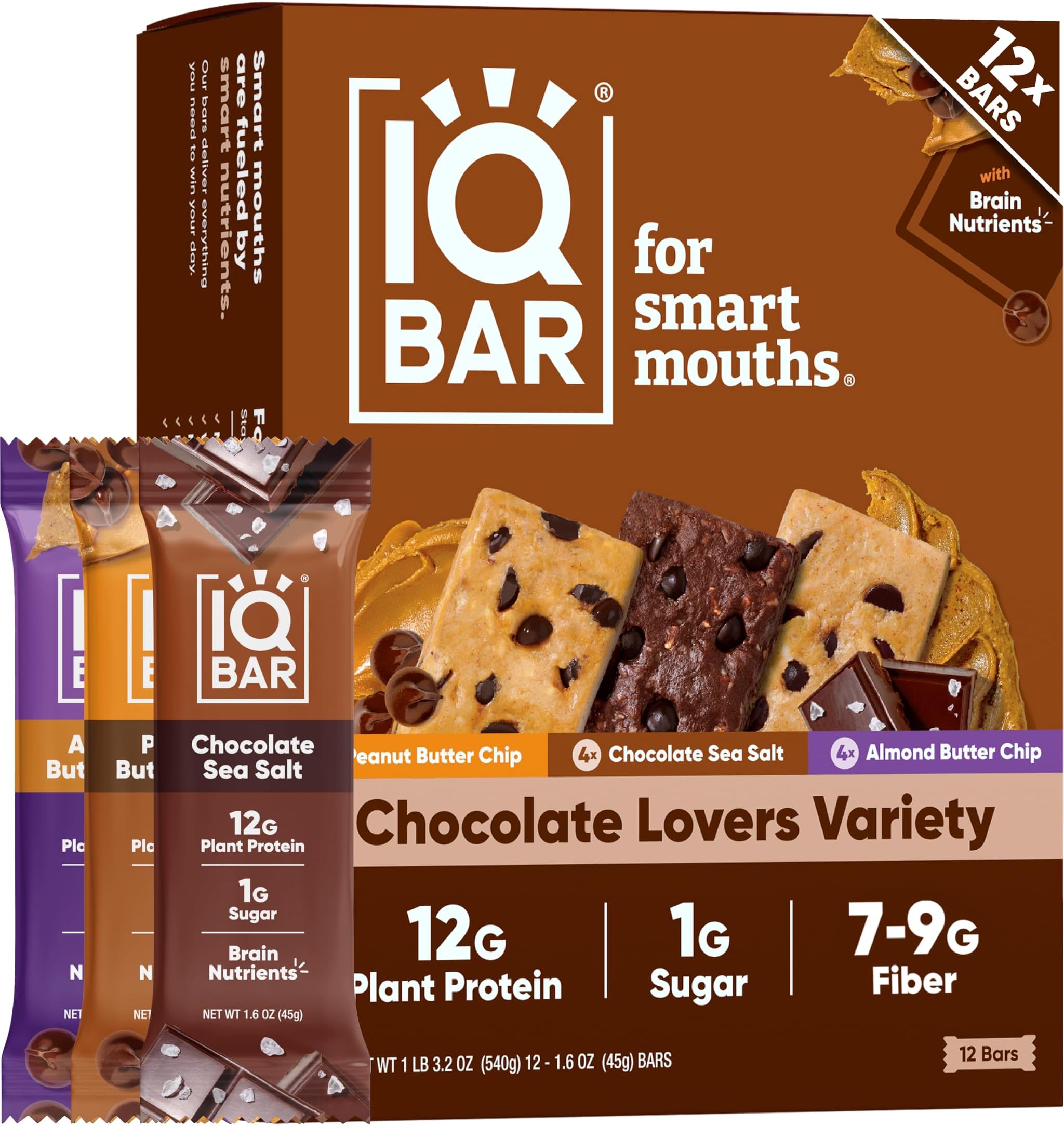 IQBAR Brain and Body Clean Plant Protein Bars - Chocolate Lovers Variety - 12 Bars - Keto, Vegan, High Fiber, Gluten and Dairy Free, Low Sugar Snack with Nutrients for Focus, Energy, Meal Replacement