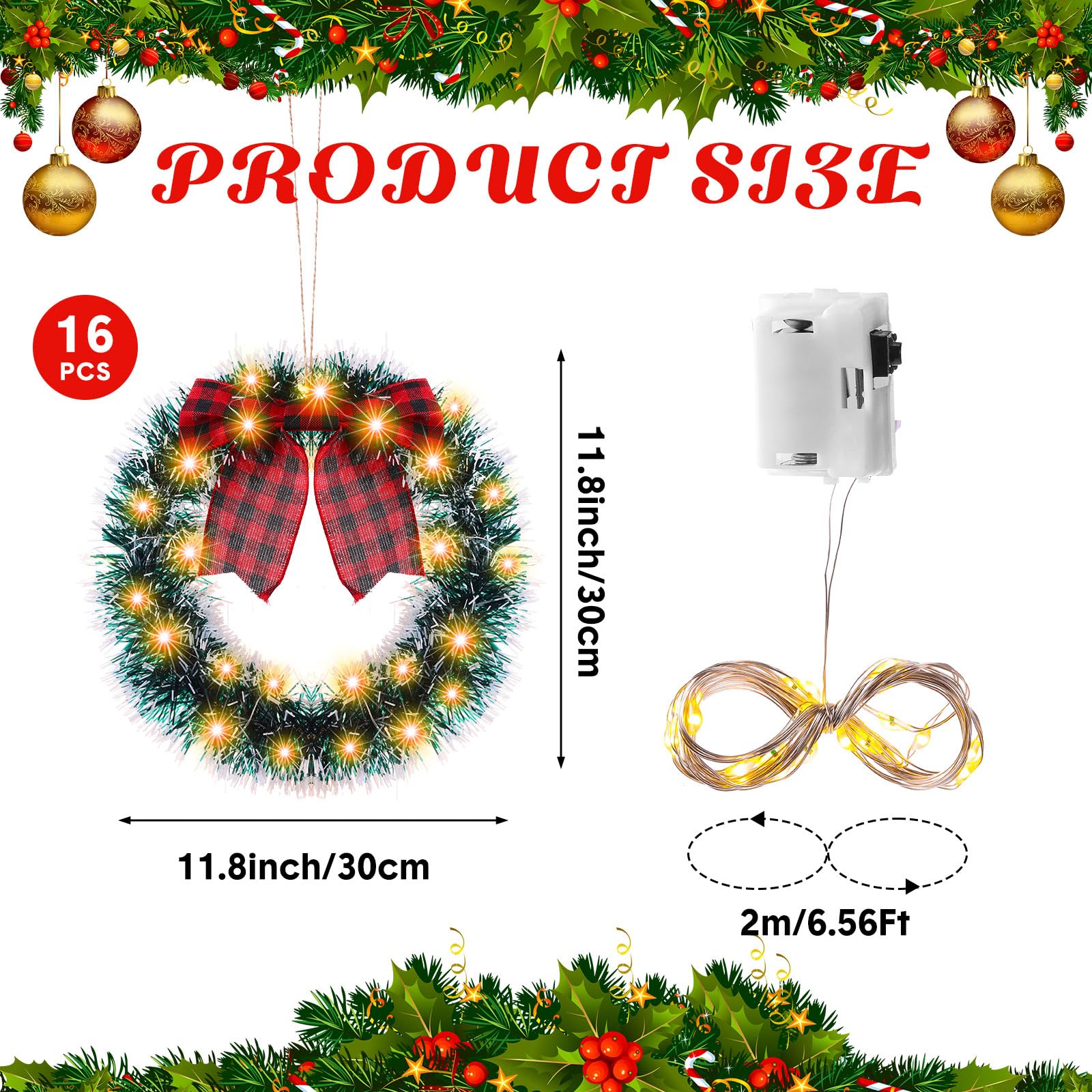 Riceshoot 16 Pcs Christmas Wreath Bulk 12 Inch Outdoor Lighted Christmas Wreath Artificial Christmas Wreath Decorations Front Door Wreath with Bow LED Lights Hemp Rope for Front Door (Red, Black)