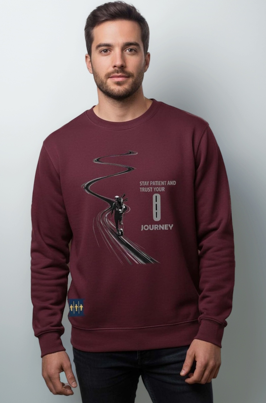 - Men’s Graphic Sweatshirt | “Stay Patient and Trust Your Journey” Motivational Print | Soft Warm Winter Pullover with Road & Explorer Design