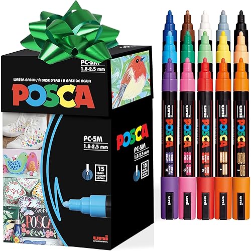 Posca Paint Art Markers, Set of 15 5M Medium Acrylic Markers with Reversible Tips, Artist Recommended Paint Pens for Gifts, Decorations, Fabric, Metal, Windows, Wood and Canvas