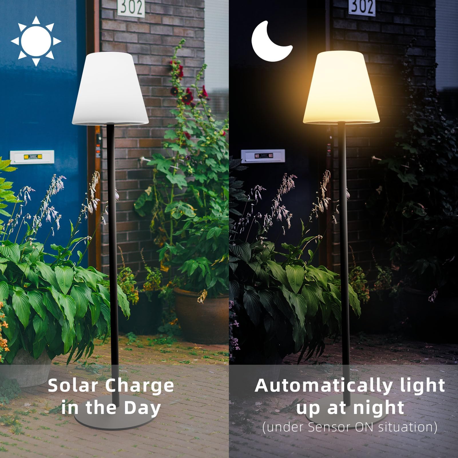 Lámpara de Pie Solar Inalámbrico Para Exteriores, Mandos a Distancia Blanco Cálido y RGB Regulable, IP44 Resistente al Agua Lámpara de Mesa Grande Para Jardín, Hotel, Patio (Negro)