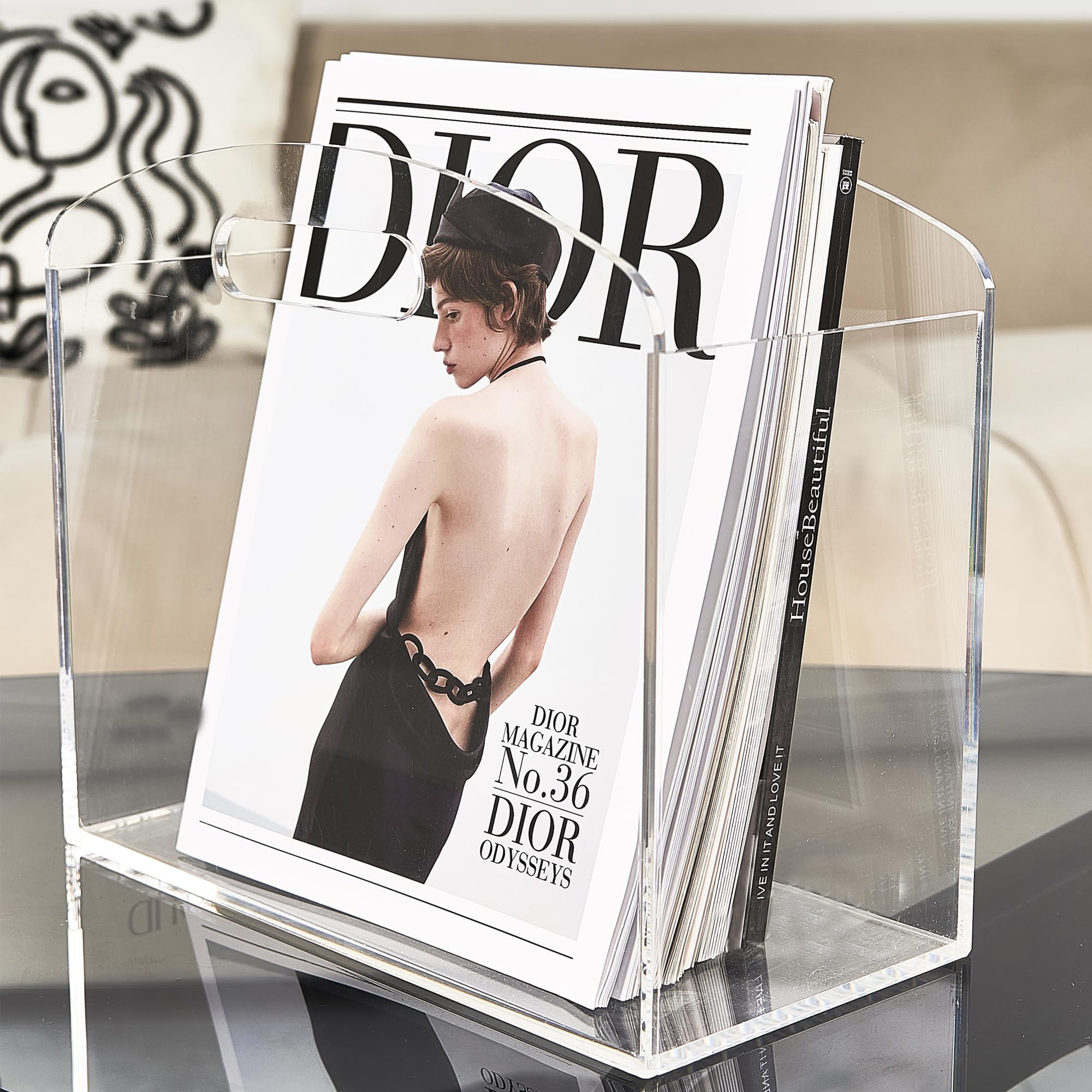 Meicloud Magazine Rack - Clear Acrylic Magazine Holder, Acrylic Newspaper Stand Organizer with handles, Modern Lucite Magazine and Book Basket Box for Bathroom, Bedroom, Living Room and Office