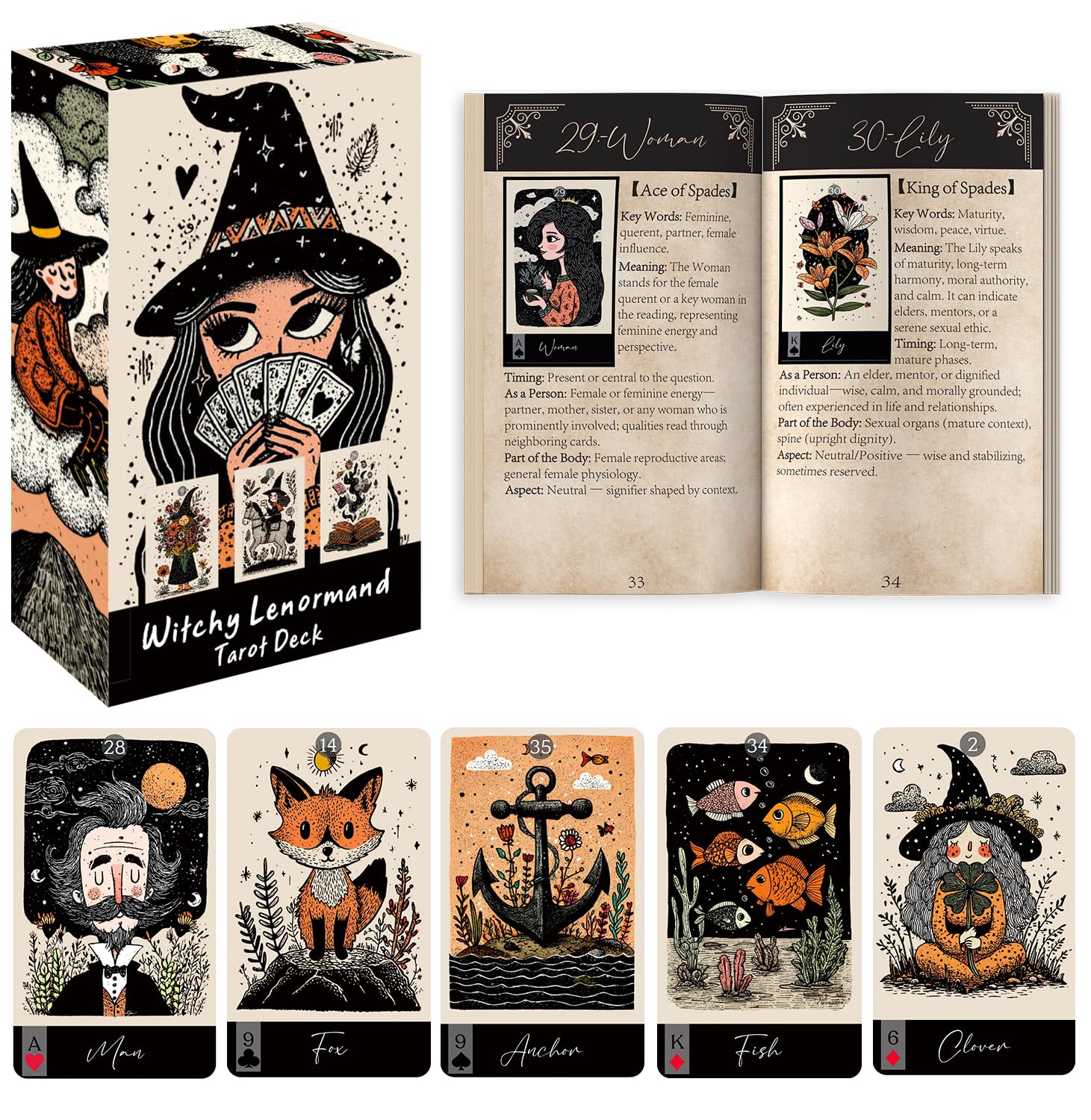 Witchy Tarot Oracle Lenormand Cards for Beginners, Unique Tarot Cards with Guide Book, 36 Oracle Cards for Tarot Reading, Cartoon Sketch Style