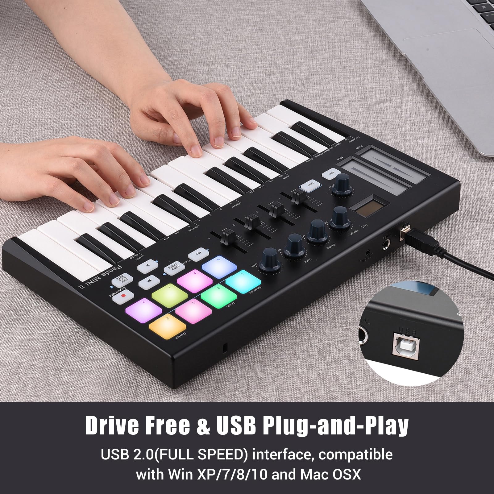 WORLDE Panda MINI II Tastiera Controller MIDI USB Portatile a 25 Tasti con Pad Retroilluminati RGB per Produttori Musicali e DJ Nero + Bianco