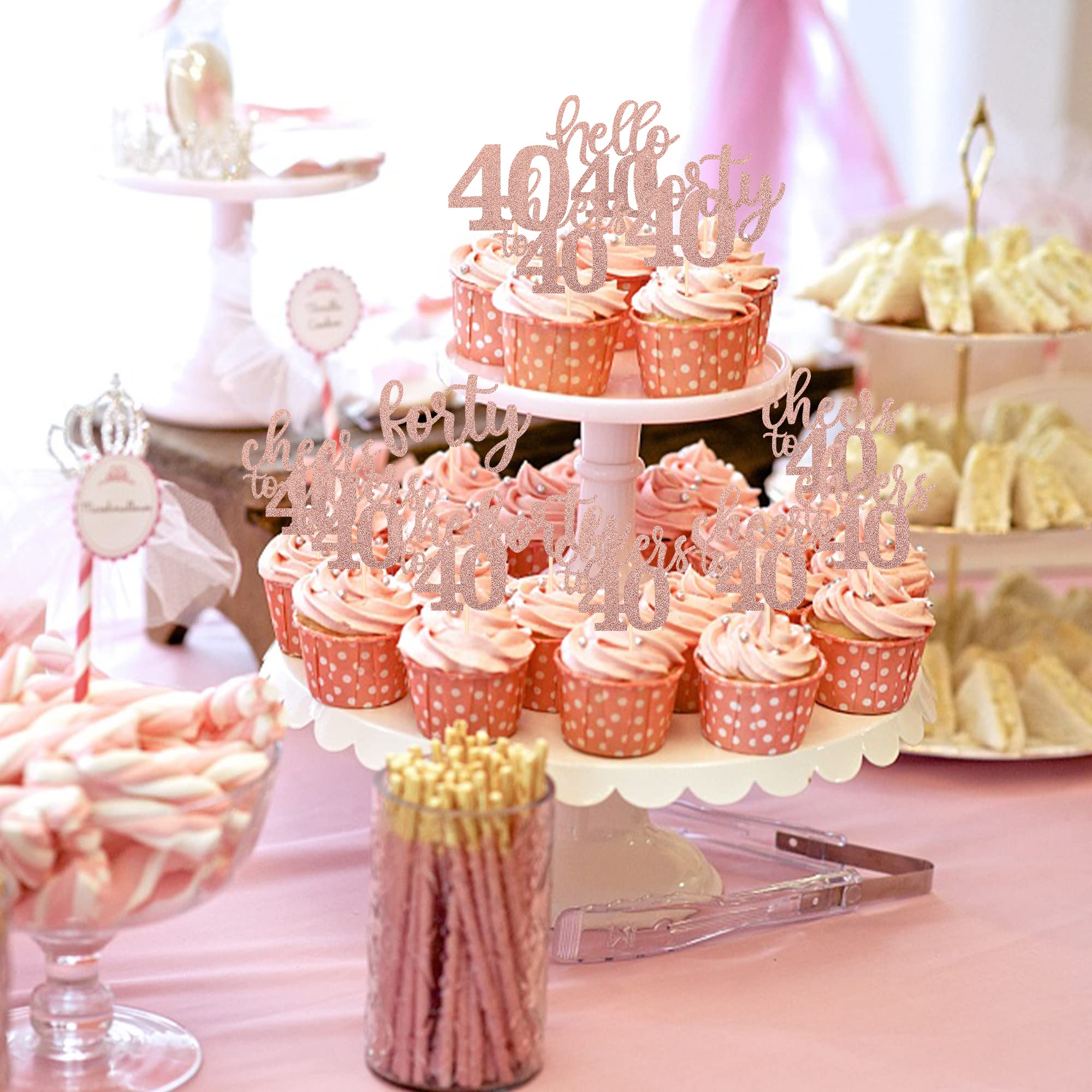 Cupcake-Topper Zum 40. Geburtstag – 24 Stück, Glitzer-Design 'Hello 40', Roségold (nicht Essbar)