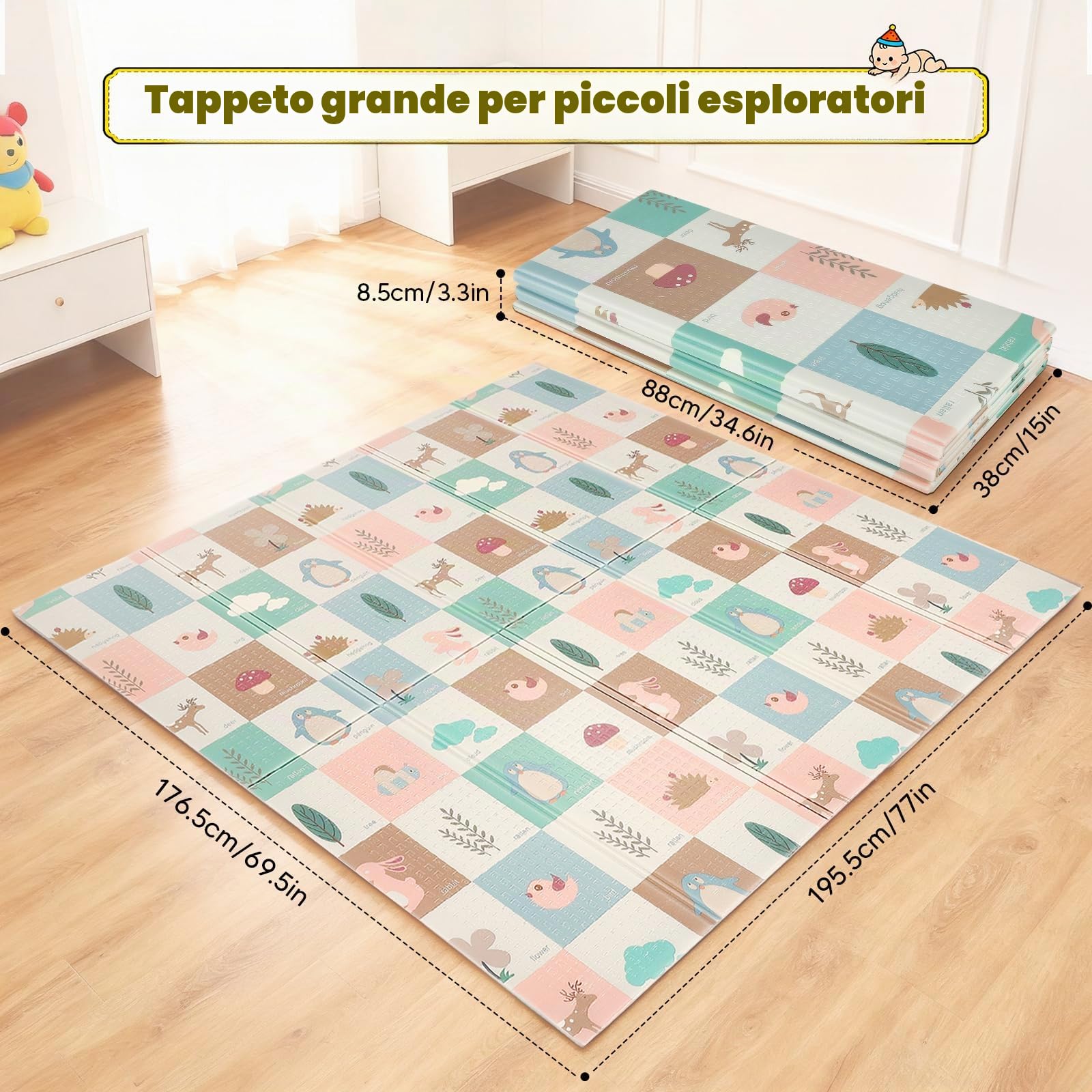 Tappeto Gioco Bambini XXL 195x176 cm Pieghevole e Impermeabile