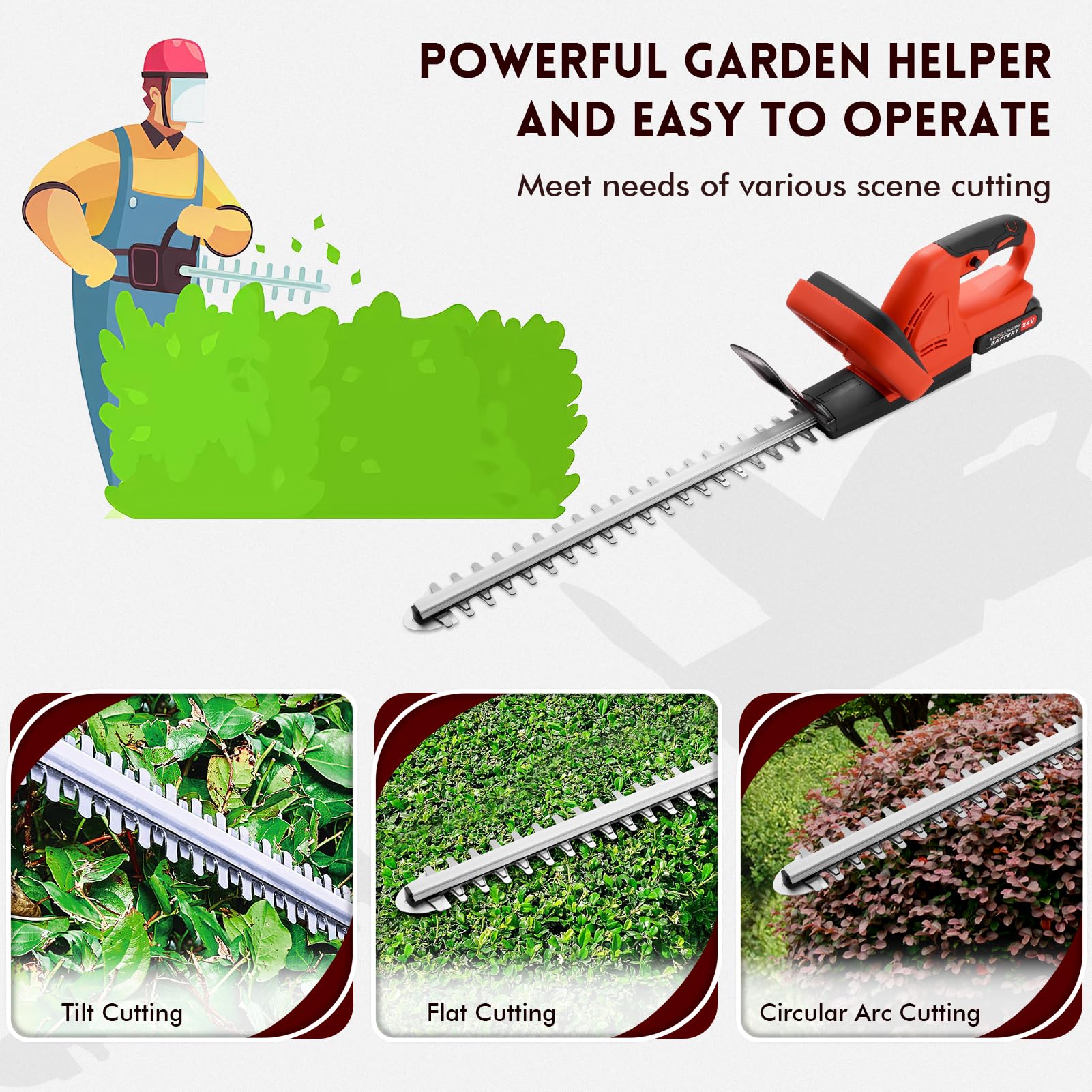 21V Cortasetos Bateria con 2 x 3000mAh y Cargador, Cortasetos Electrico de 1500 RPM con una Longitud de Cuchilla de 51 cm para Cortar Setos, Arbustos y Plantas de Borde