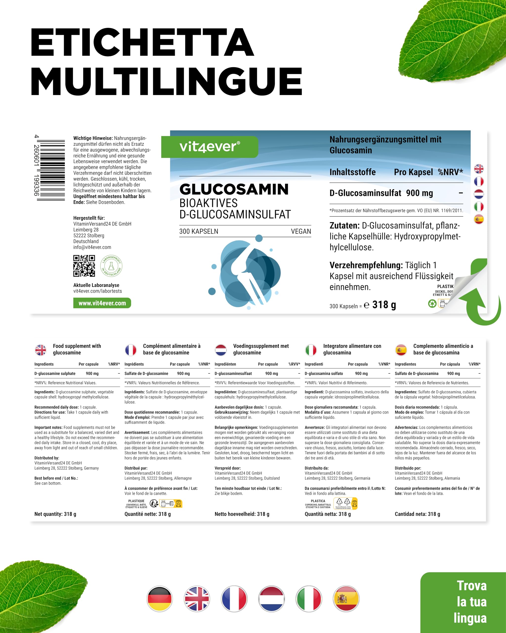 Glucosamina 900mg - 300 capsule - solfato di D-glucosamina bioattivo da fermentazione - senza additivi indesiderati - dose elevata - vegano