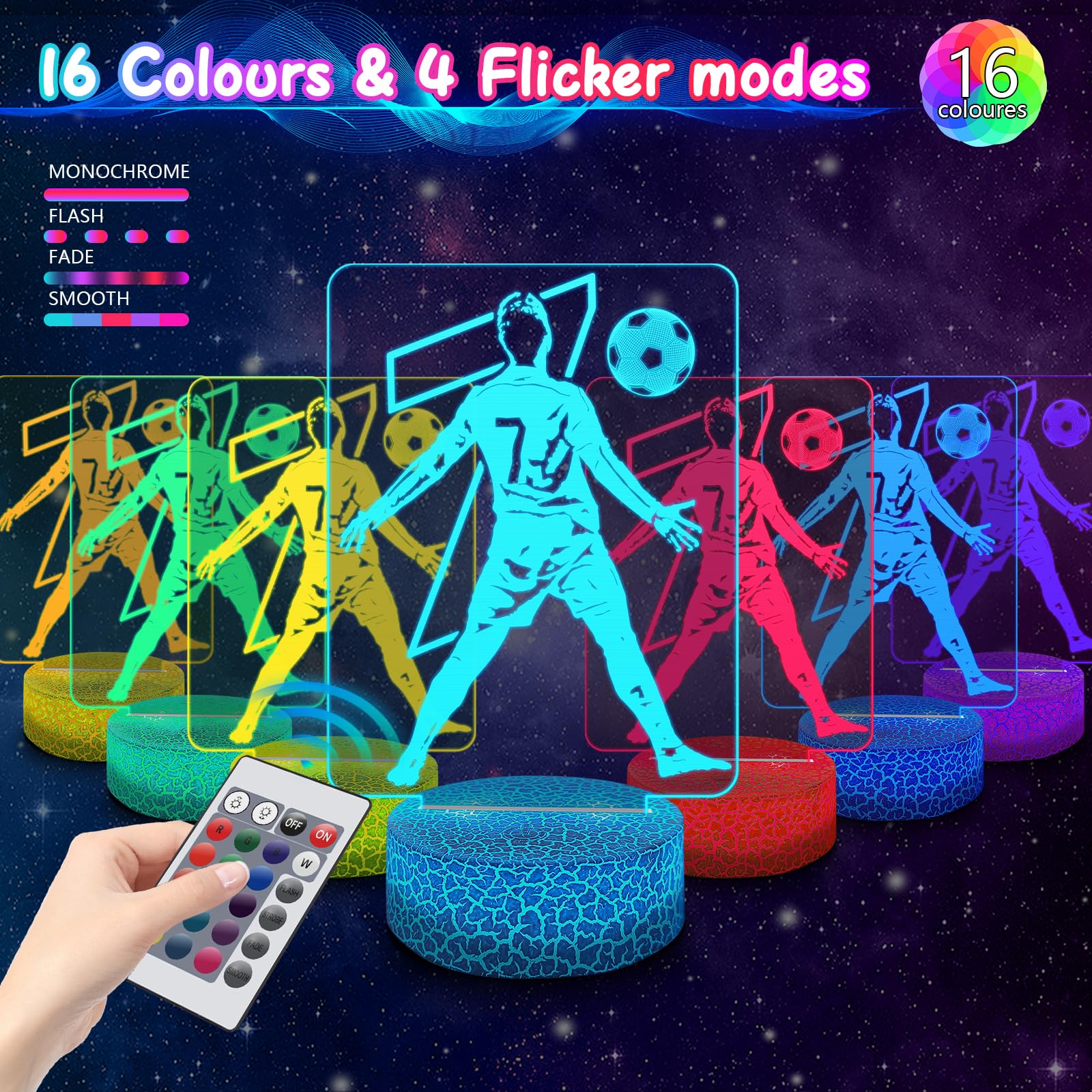 Polemera luce notturna illuminazione ottica 3D con telecomando 16 colori cambiabile regalo di compleanno tifosi di calcio ragazzi ragazze adolescenti uomini