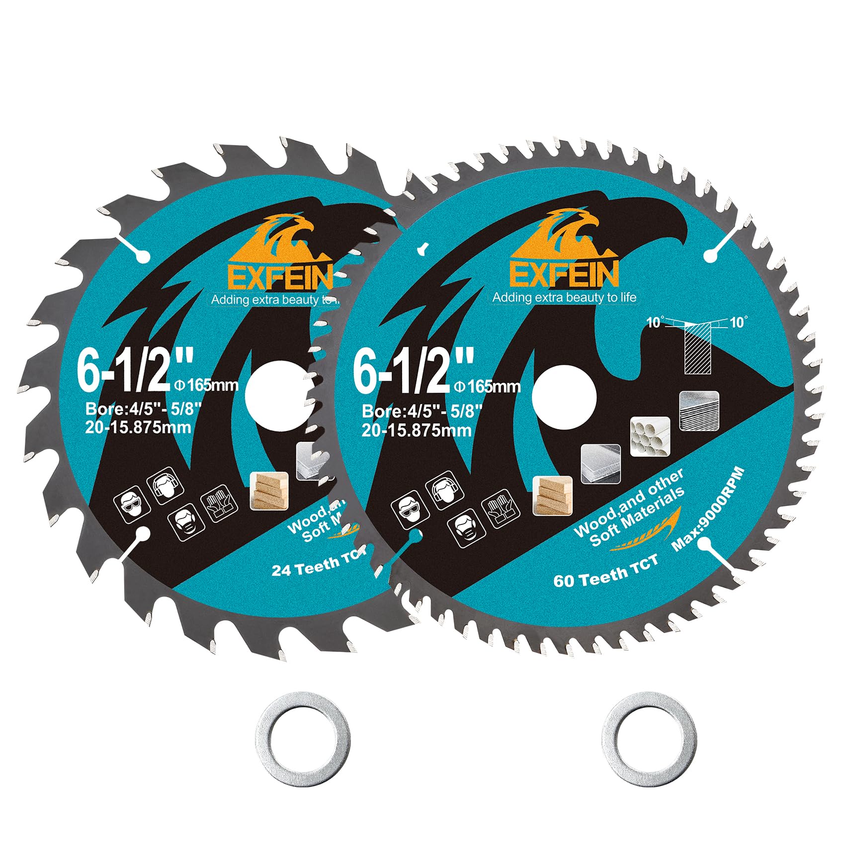 EXFEIN 165mm Wood Cutting Discs 2pcs, 24T+60T ATB TCT Fine Finish Disc with 20mm Bore for Wood Plastic, Silver, 165mmx20mm, 24T+60T