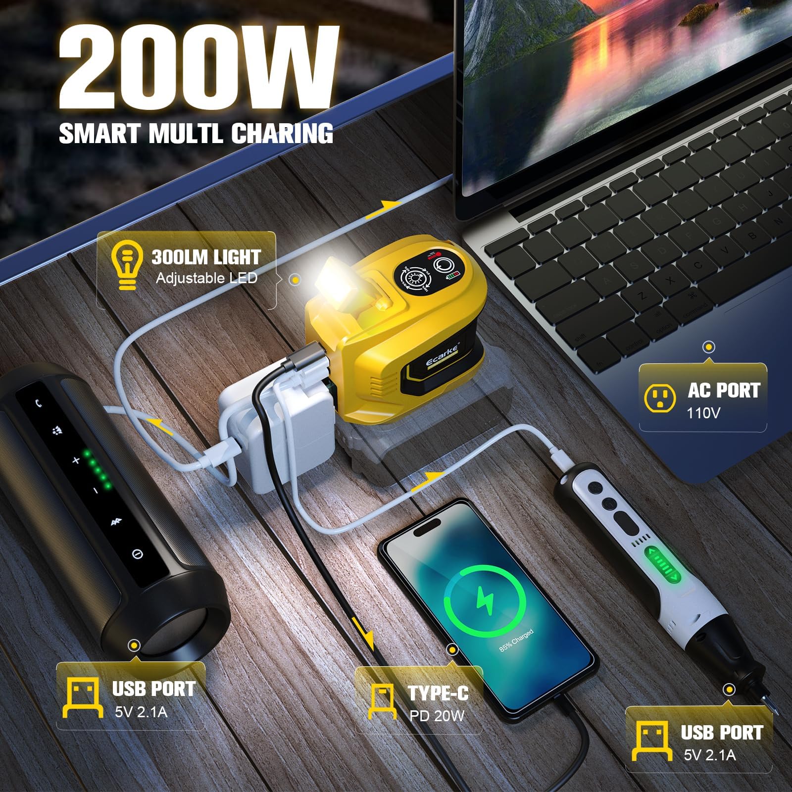 200W Power Inverter Compatible with DeWalt 20V Battery Ecarke Real 200W DC 20V to AC 110V Battery Inverter — view 2