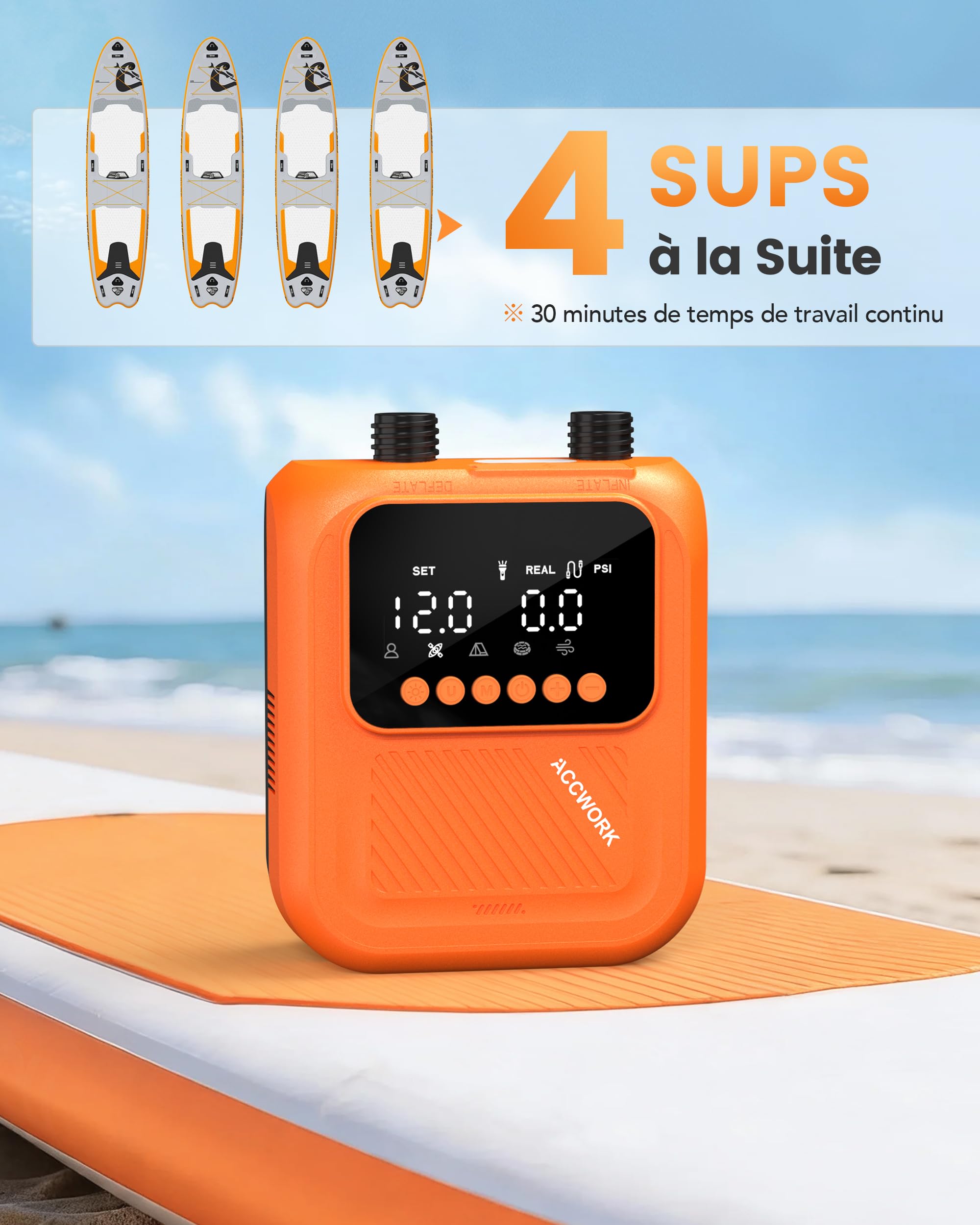 Pompe Électrique Sup 20 PSI, Alimenté par 12V DC de Voiture, Arrêt Automatique et Double Écran Numérique, Gonfleur/Dégonfleur Électrique avec 7 Embouts pour Paddle, Kayak, Matelas et Tente