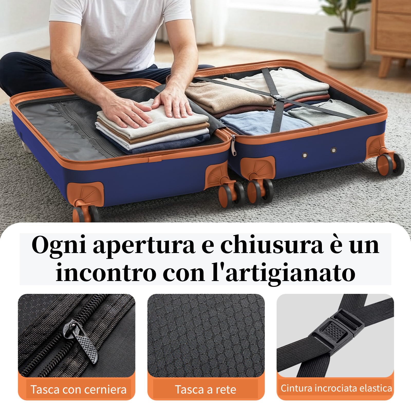 LEADZM Set di Valigie Rigide 4 Pezzi con Beauty Case, Set Valigie in ABS, Luggage Suitcase Grande 23 kg con 4 Ruote Girevoli Doppie (Blu Navy-Marrone)