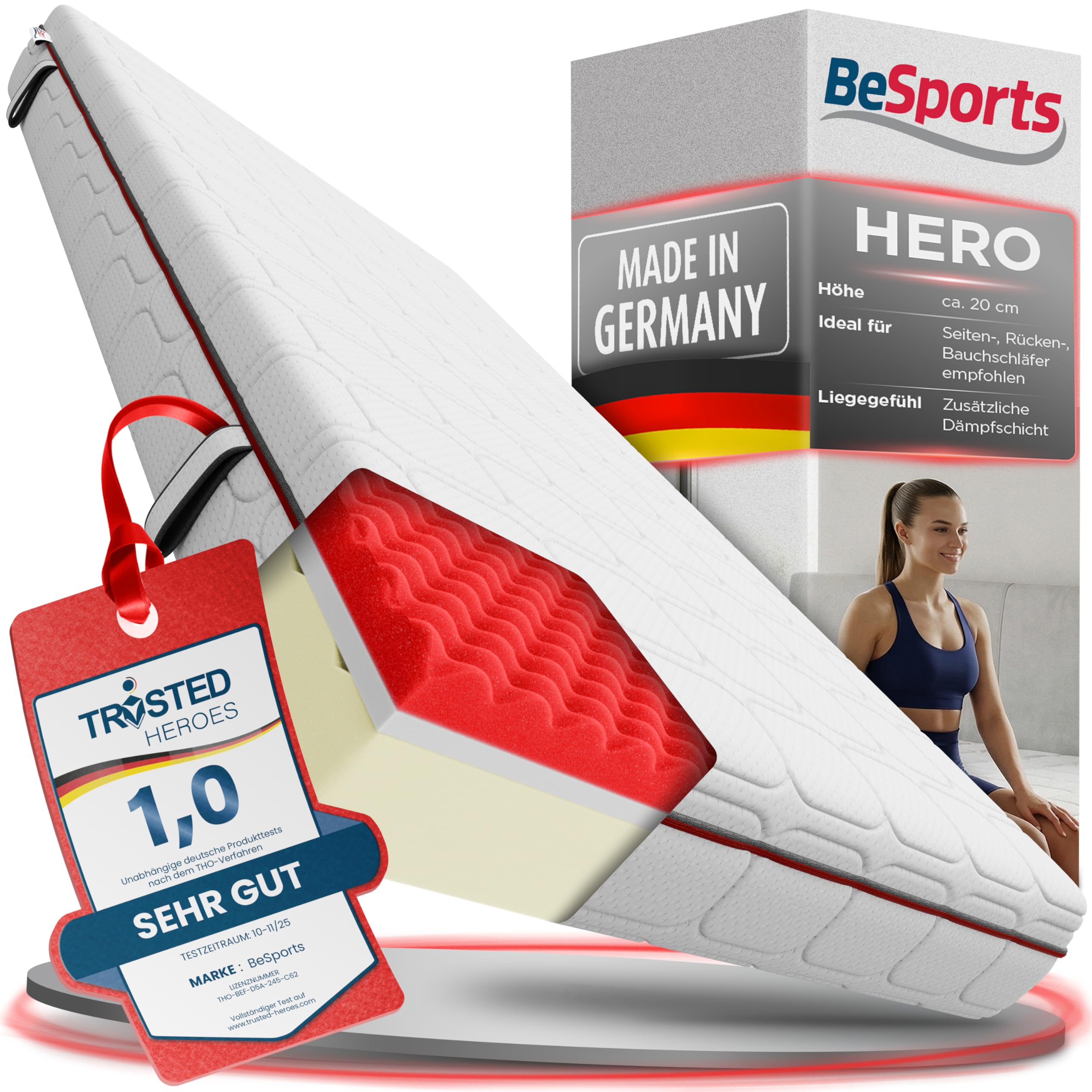 Hero Matratze 90x200 cm, Note 1,0, 7-Zonen Kaltschaum H3/H4, punktelastisch & atmungsaktiv, wendbar, Bezug abnehmbar & waschbar, Oeko-TEX Standard 100