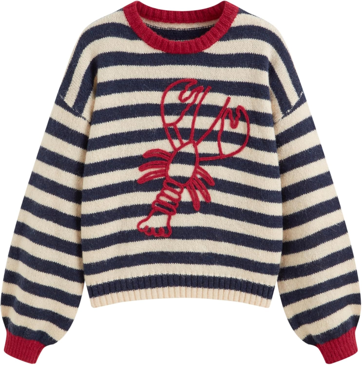 CIDER Knit Stripe Lobster Graphic Long Sleeve Contrasting Binding Oversized Top