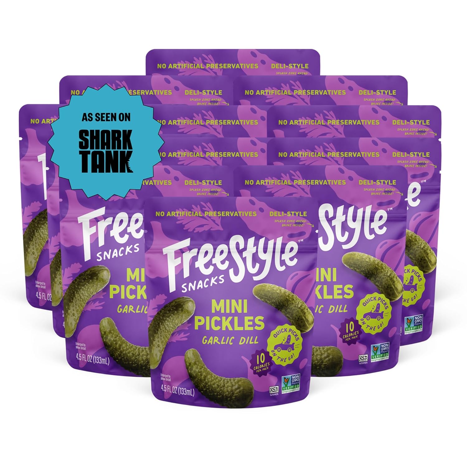 Freestyle Snacks Mini Pickle Snack Packs - Garlic Dill - All Natural, Fresh-Packed Deli-Style Pickles - Non-GMO, Kosher, Gluten-Free, Low Calorie Snacks - 4.5 Ounce (12 Pack)