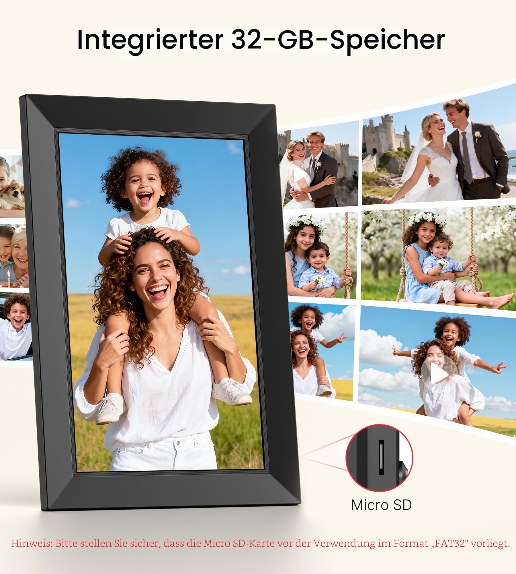 Frameo 10,1 Zoll WiFi Digitaler Bilderrahmen, 1280x800 HD IPS Touchscreen Foto Rahmen, 32GB Speicher, Automatische Rotation, Wandmontagefähig, Teilen Sie Fotos sofort von überall aus