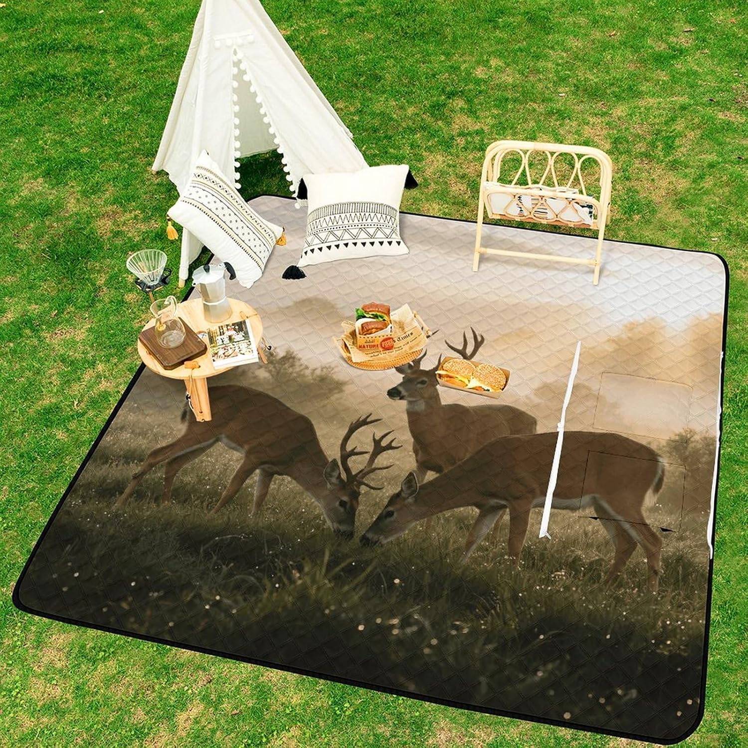 Deer Grass Hunting Picnic Blanket 200x200cm, Foldable 2-in-1 Picnic Mat and Tote Bag Portable Waterproof Beach Mat Sandproof Outdoor Blanket for Park, Hiking, Beach, Camping, Travel