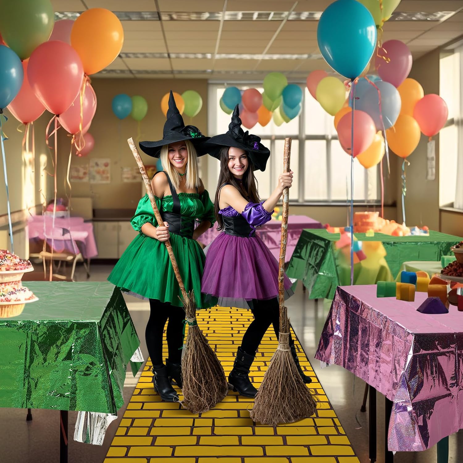 4 Pcs Pink and Green Witch Birthday Party Decorations Wizard Trunk or Treat Car Decor Large Brick Runner Pink Green Holographic Tablecloth Wizard Castle Backdrop for Witch Princess Friends Party