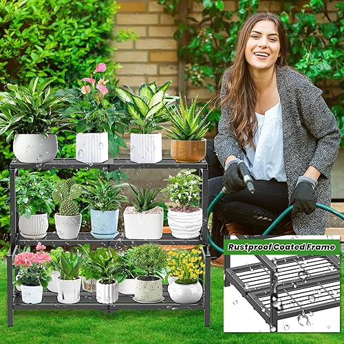 Miniatura 5 de Soporte de metal para plantas de 3 niveles estilo escalera para interiores y exteriores, estante de exhibición de plantas resistente para múltiples