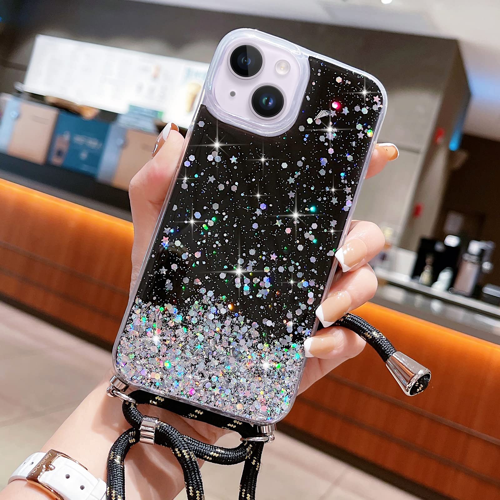 Custodia IPhone 15 Con Cordino Regolabile - Cover Glitter Rosa In Silicone Antiurto, Trasparente E Pratica