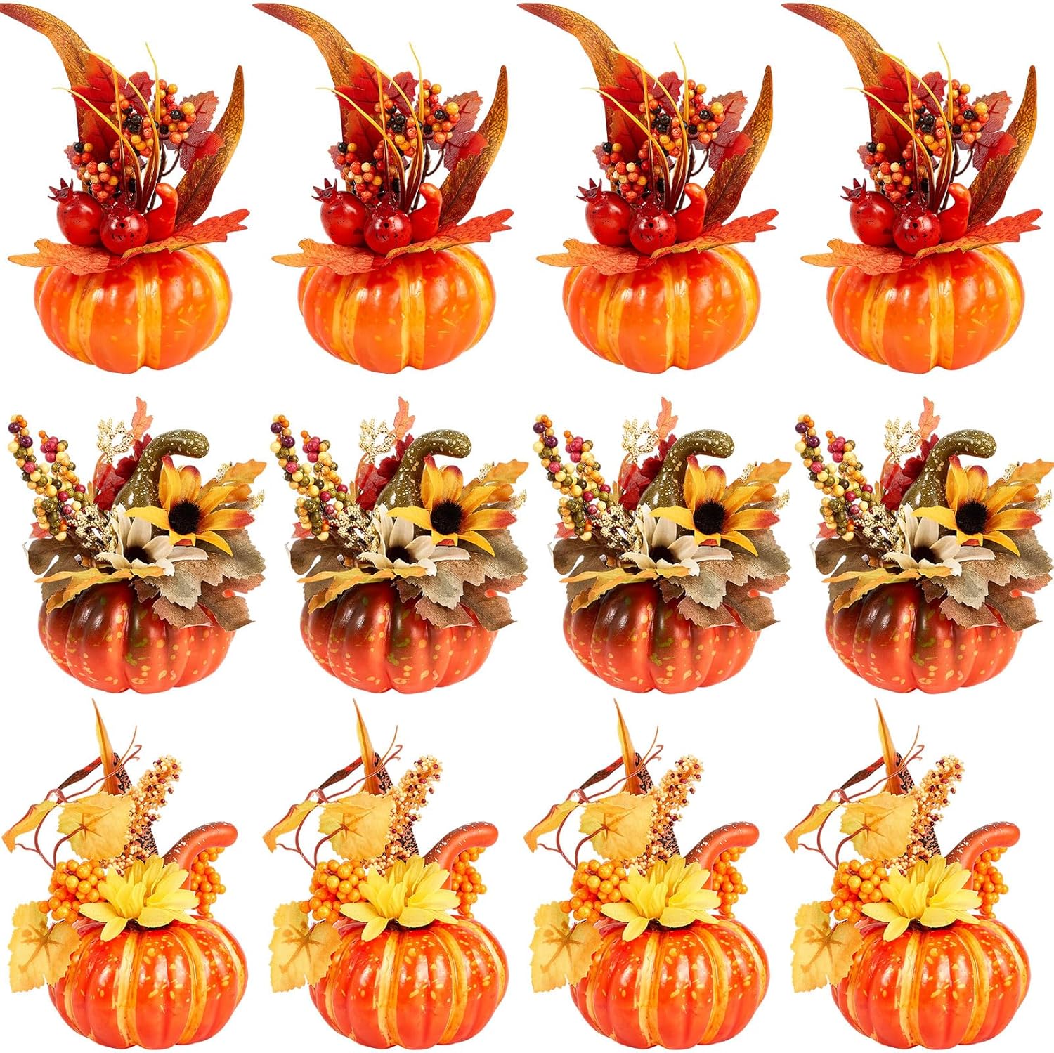 Leinuosen 12 Pcs Fake Pumpkin Centerpiece for Table 6 Inch Pumpkins with Maple Sunflower Berry Decorative Pumpkins Artificial Foam Pumpkin for Fall Harvest Halloween Thanksgiving Table Decoration