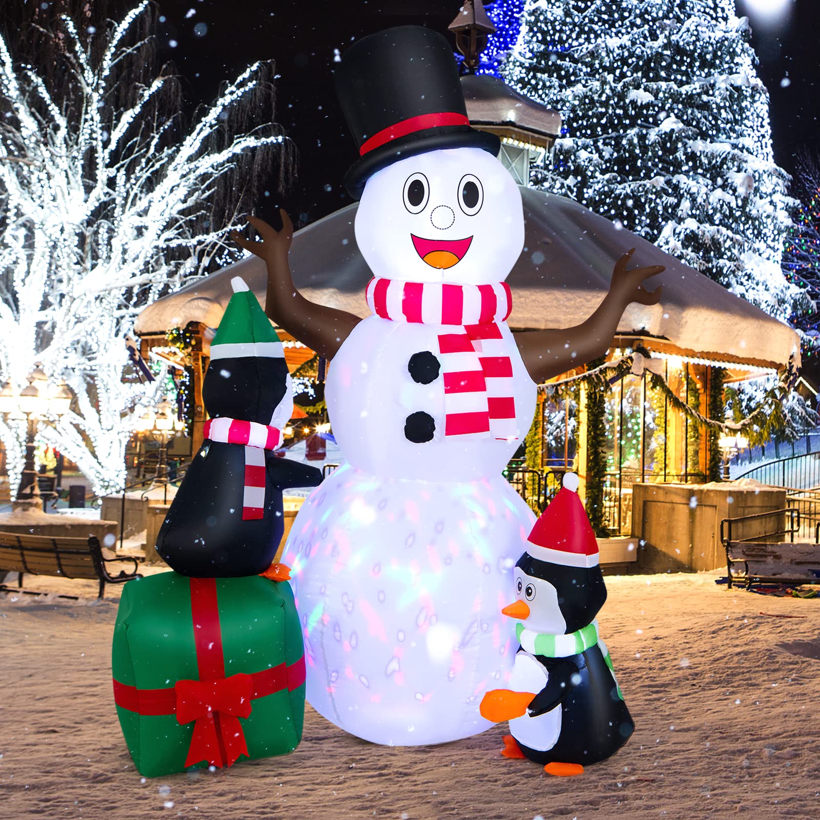 COSTWAY 180CM Aufblasbarer Schneemann mit Pinguinen, Weihnachten Deko draußen XL, Weihnachtsdeko Outdoor mit bunten LED Lichtern, Festdekoration selbstaufblasend